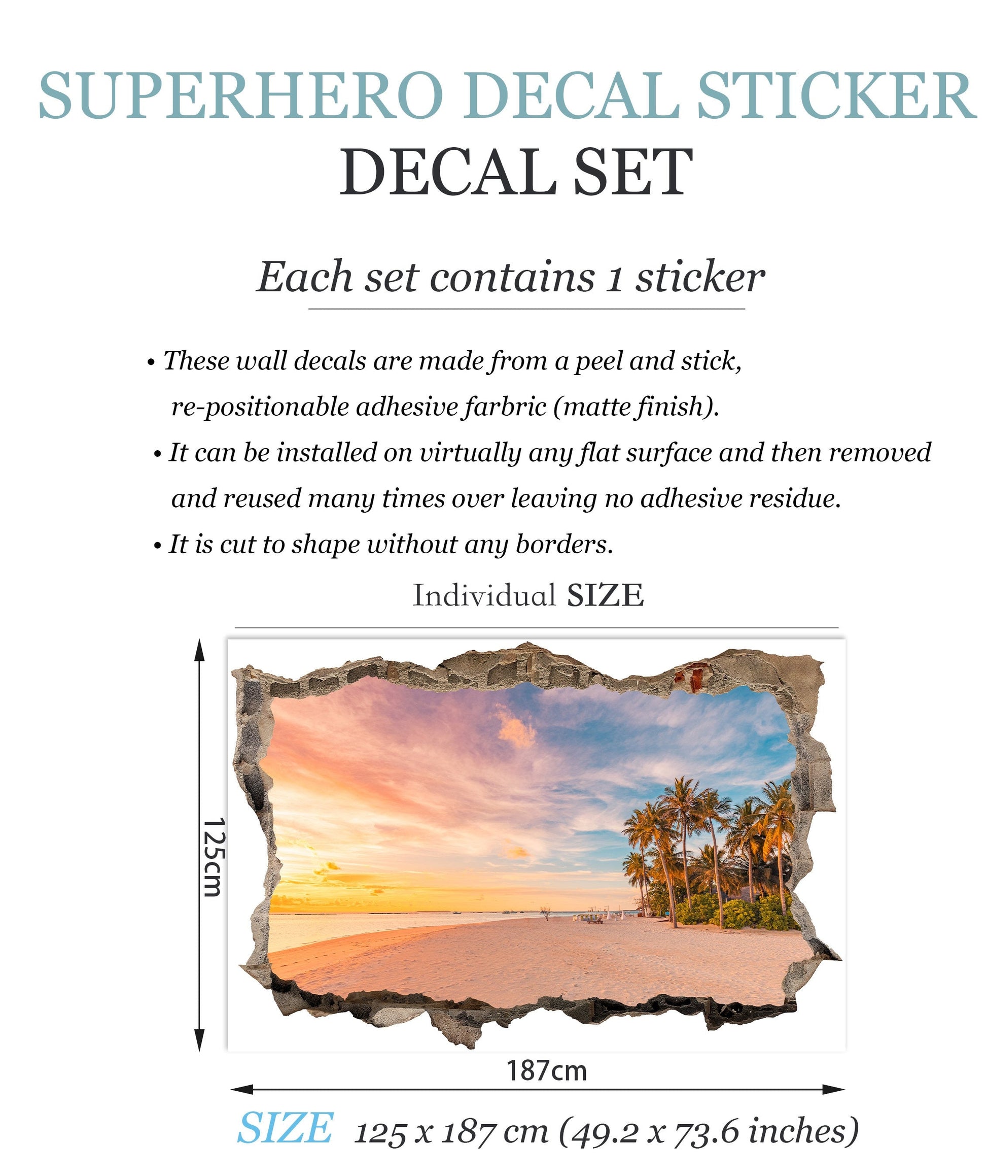 3D Ocean Sunset Wall Decal - Stunning Beach View Through Realistic Cracked Wall, Tropical Palm Trees, and Azure Seascape - BW015