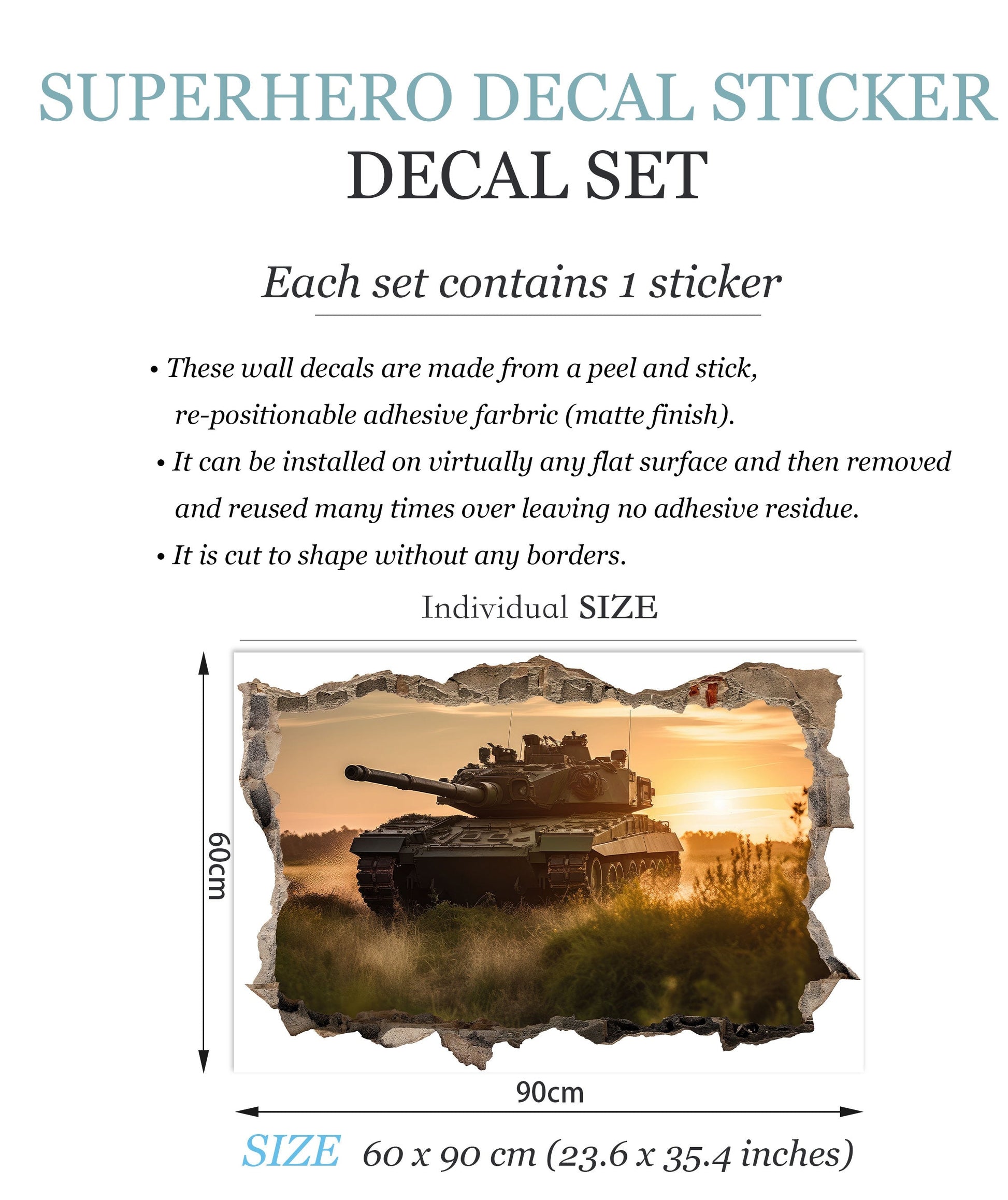 3D Tank Sunset Wall Decal - Tank Rolling on Meadow at Sunset, Room Decor - BW017
