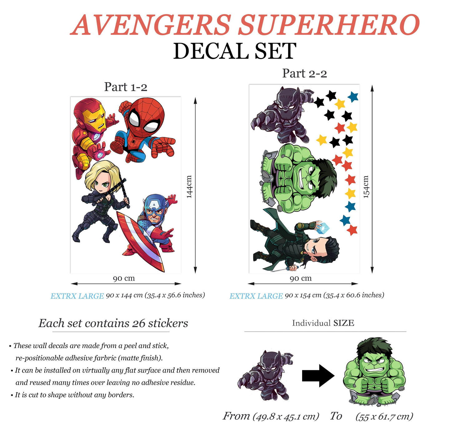 Cartoon Marvel World Avengers Superhero Wall Decal - Thor Hulk Spiderman Iron Man Captain America