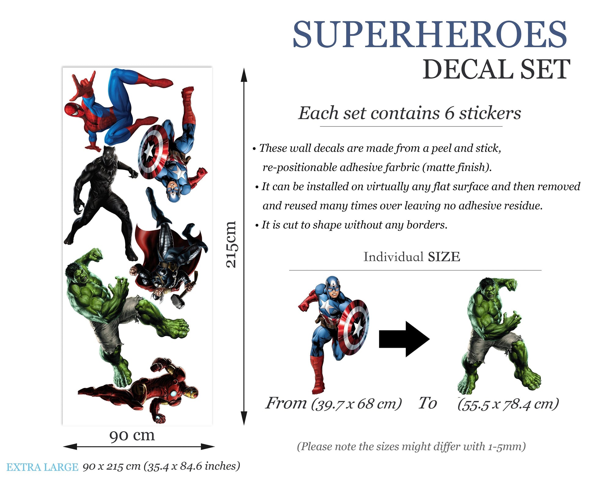 Superhero Hulk Spiderman Iron Man Captain America Avengers Thor Panther Wall Decal - Boys Room Decoration