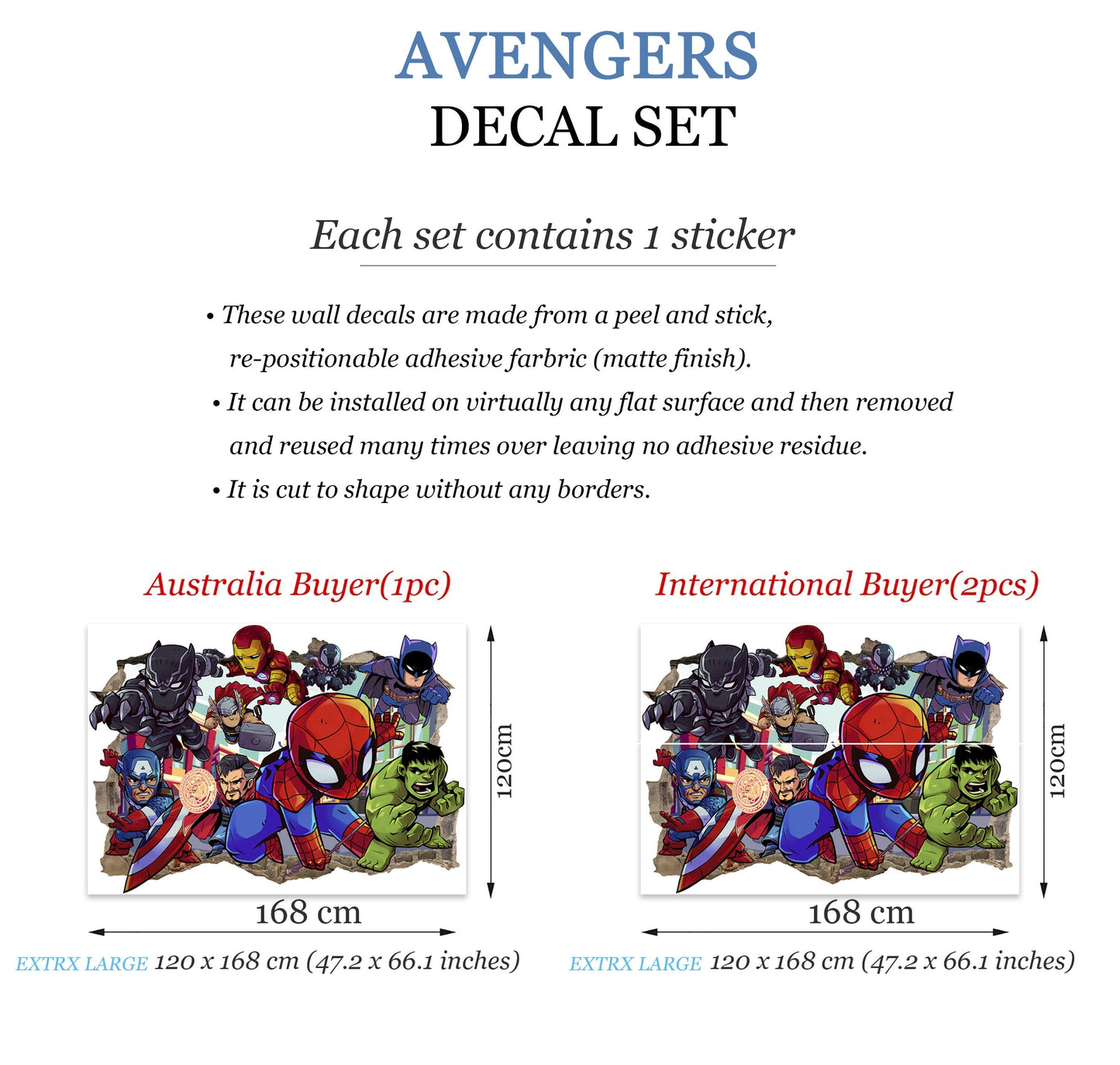 Bursting Avengers Super heroes Spiderman Iron Man Hulk Captain America 3D Smashed Wall Decal