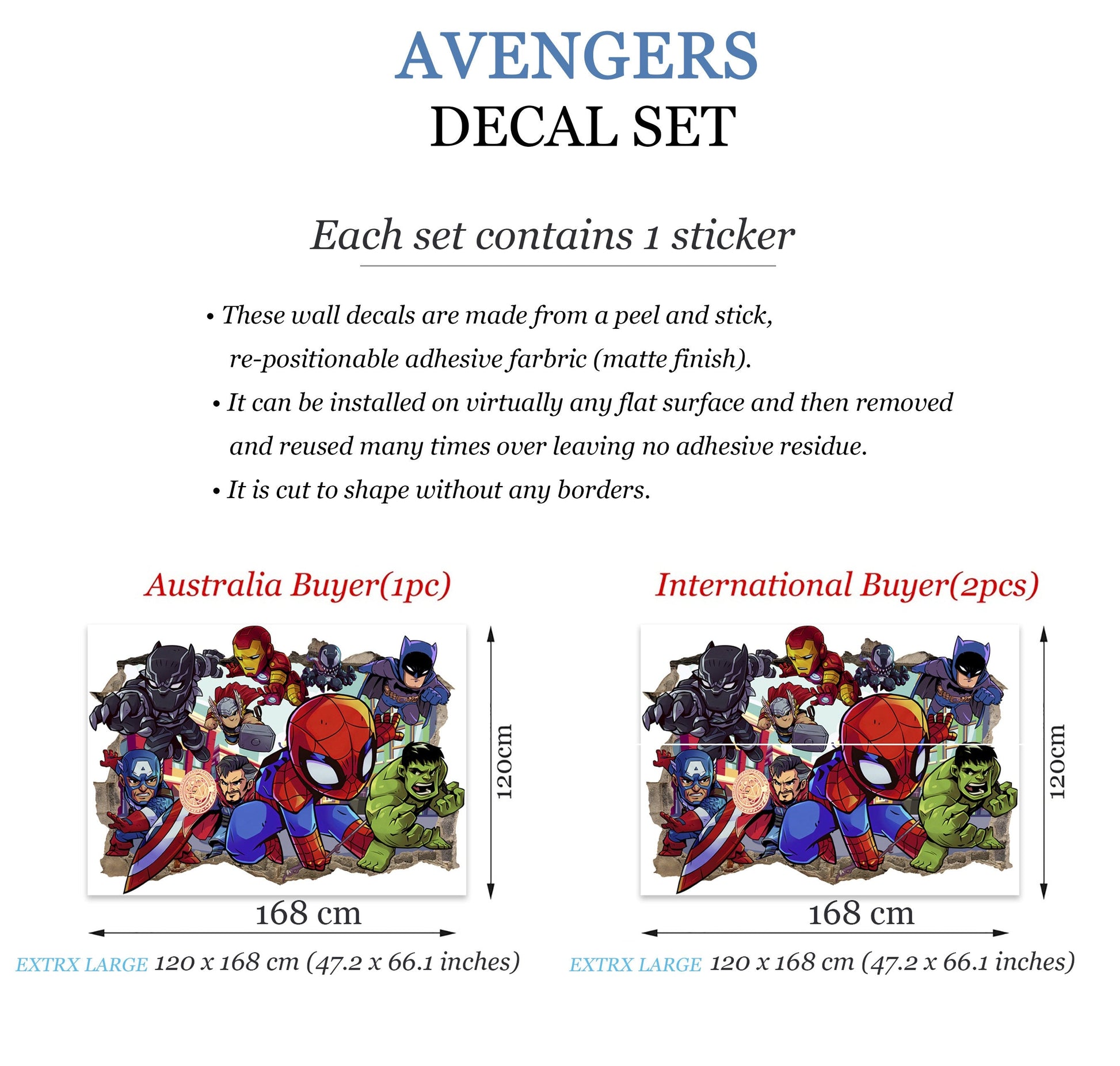 Bursting Avengers Super heroes Spiderman Iron Man Hulk Captain America 3D Smashed Wall Decal