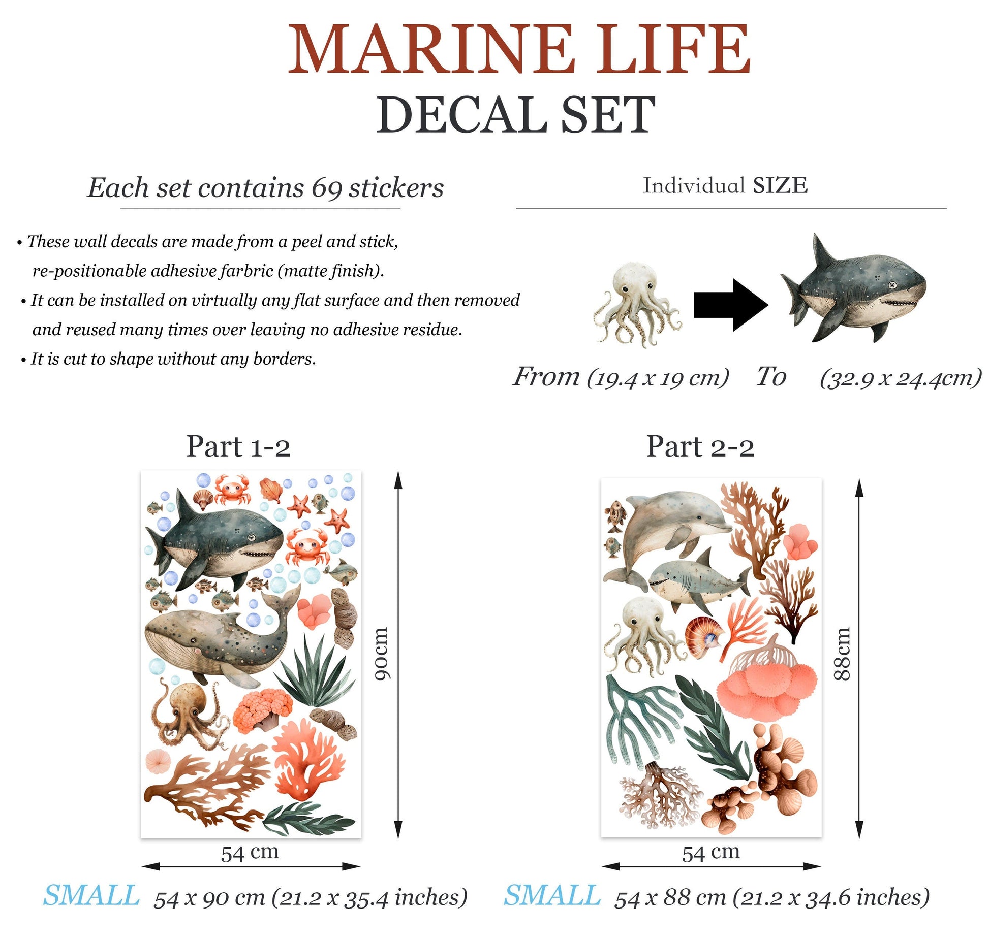 Watercolor Ocean Animals Whale Dolphin Octopus Wall Decal for Kids and Nursery - Peel and stick- BR470