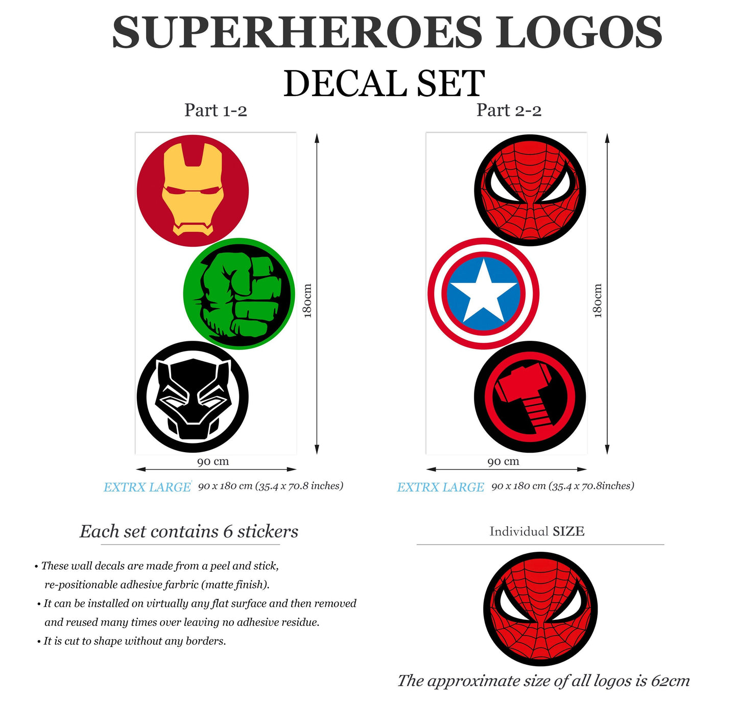 Super heroes Avengers LOGOS Spiderman Ironman Wall Decal - Boy's Room Gift