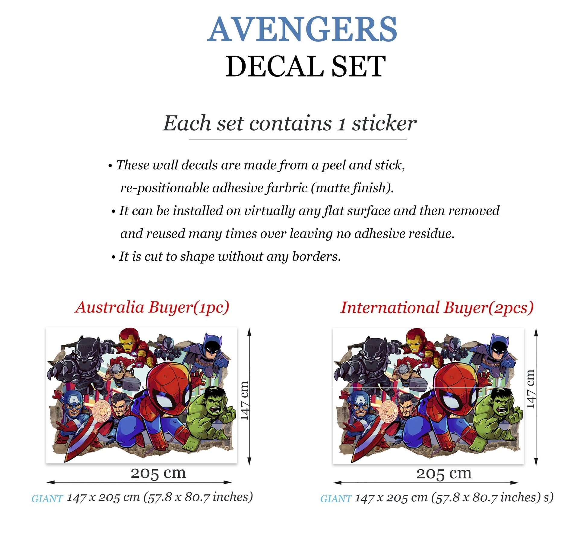 Bursting Avengers Super heroes Spiderman Iron Man Hulk Captain America 3D Smashed Wall Decal