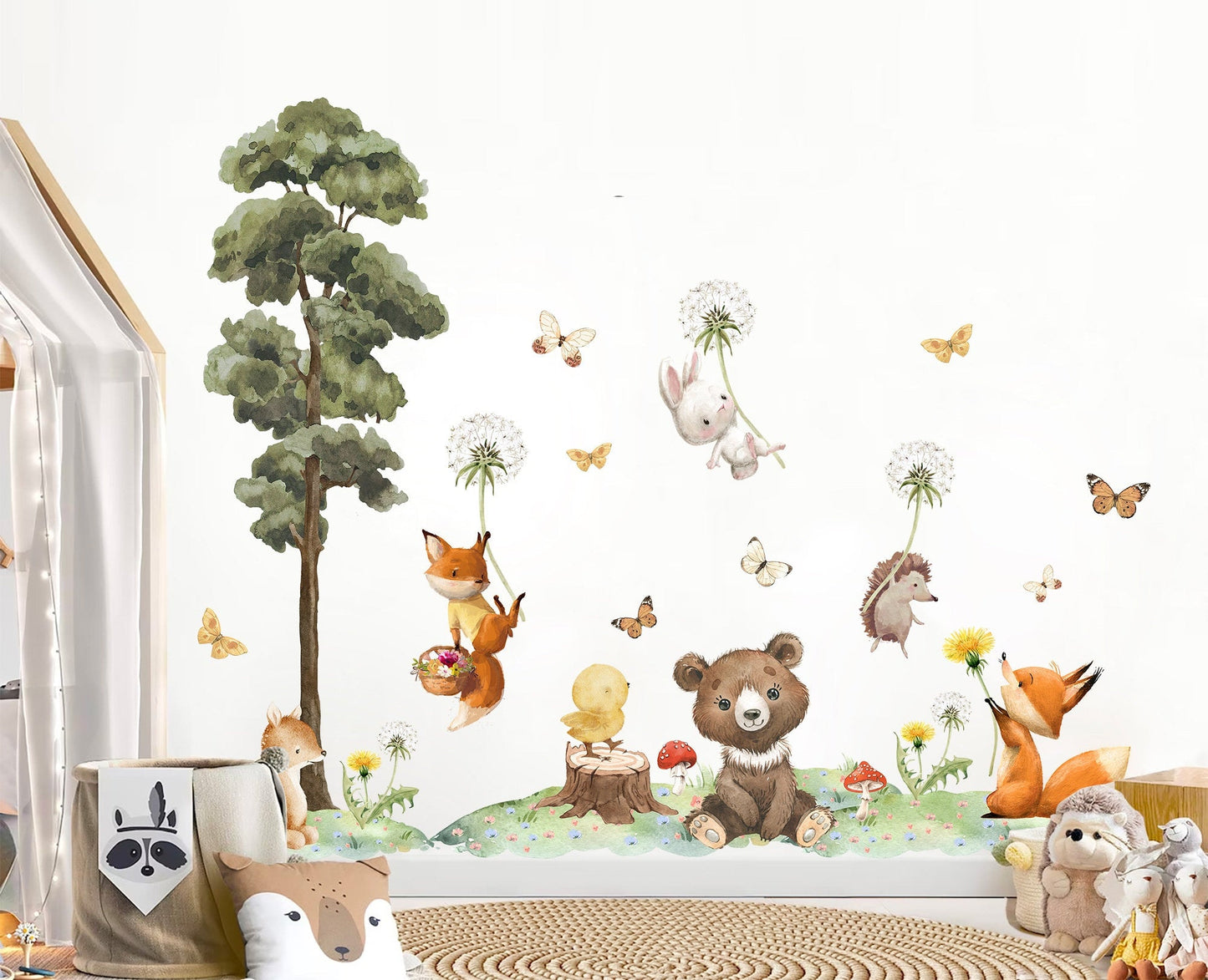 Dandelion Floating Animal Decal with Butterflies and Tree Wall Decal - Girl Room Decor - BR458