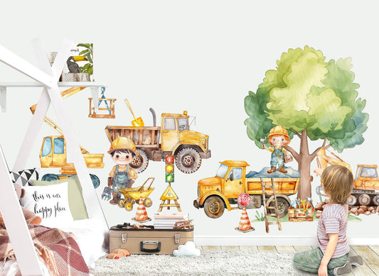Construction Site Vehicle Trucks Bulldozer Tractors Diggers Removable Wall Decal - Boys Room Gift - BR459