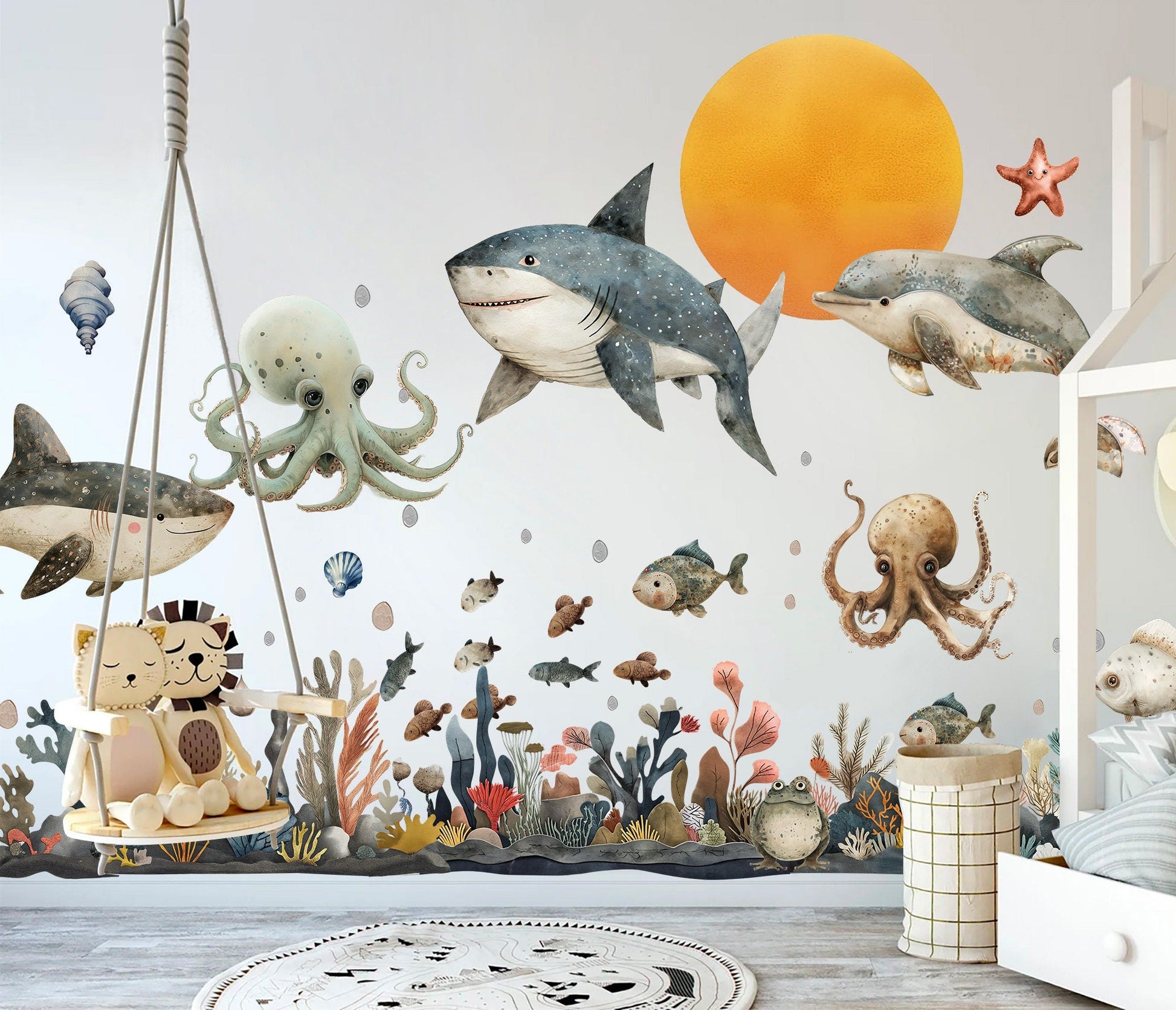Undersea Animal Whale Sharks School of Fish for kids Room Decal Stickers - BR469