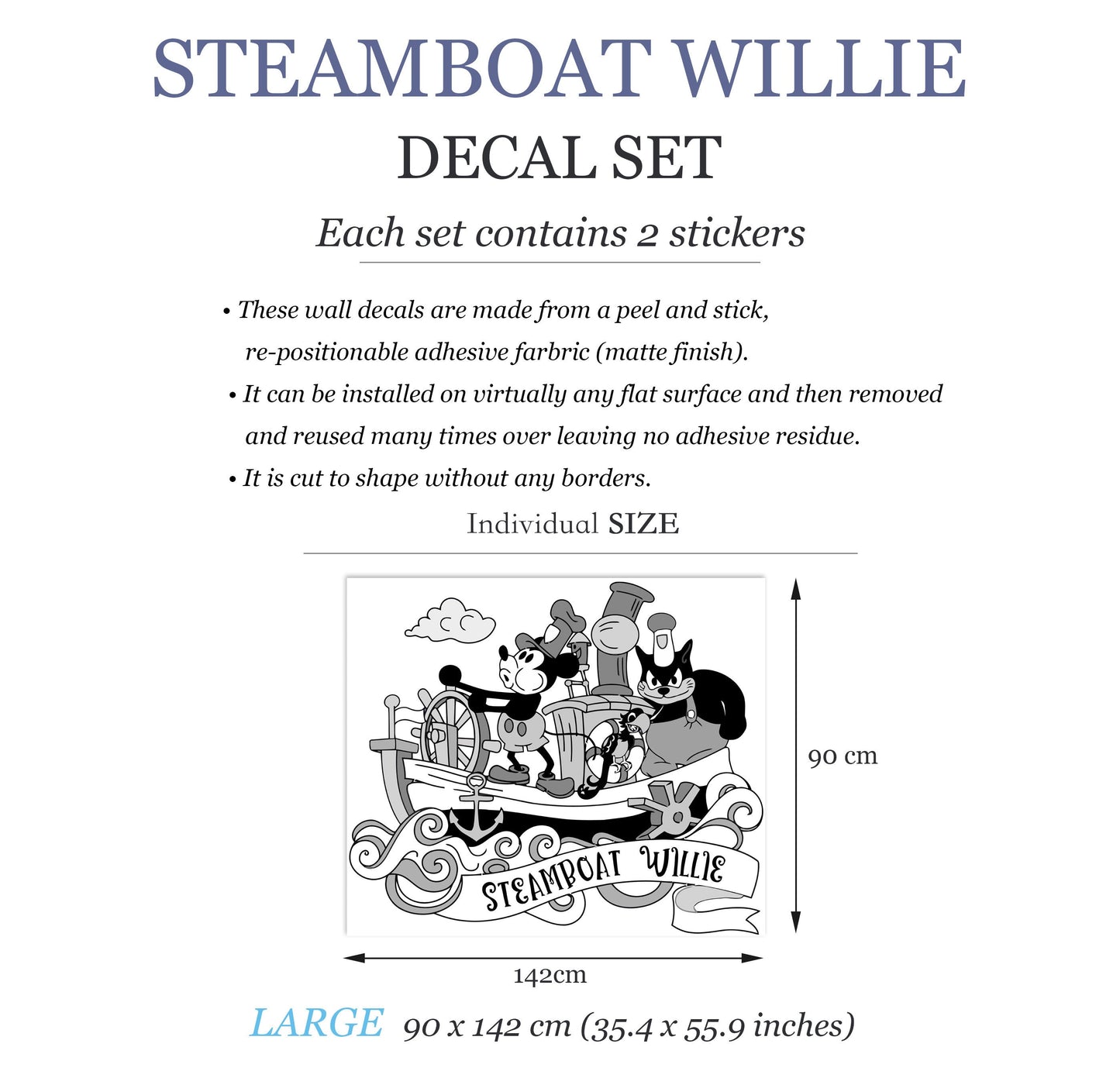 Steamboat Willie Mickey Mouse Wall Decal Stickers for Kids Room