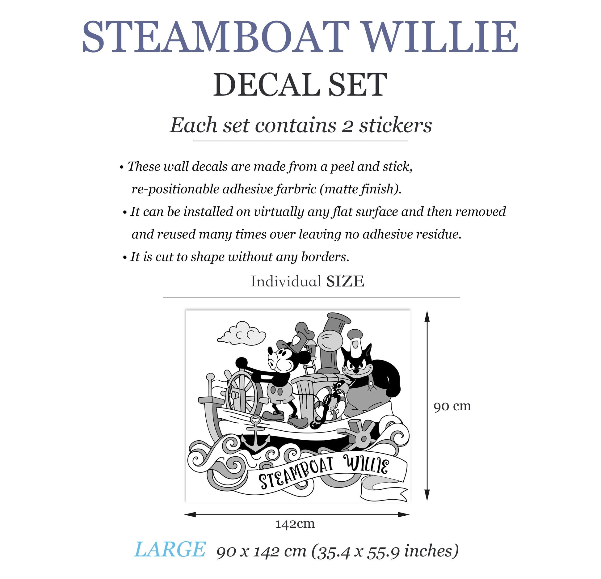 Steamboat Willie Mickey Mouse Wall Decal Stickers for Kids Room