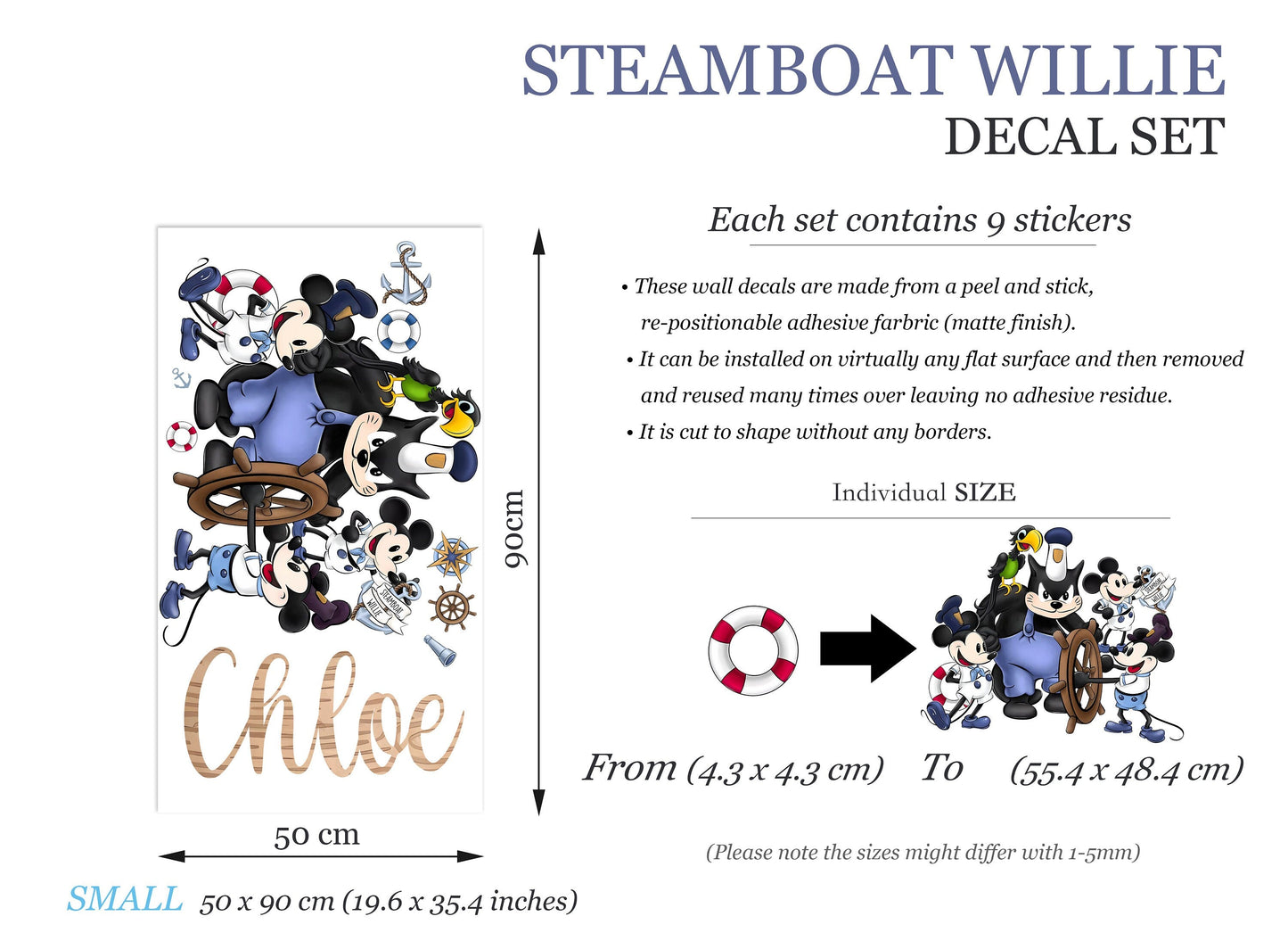 Steamboat Willie Friends Removable Wall Decal - Boys Room Gift