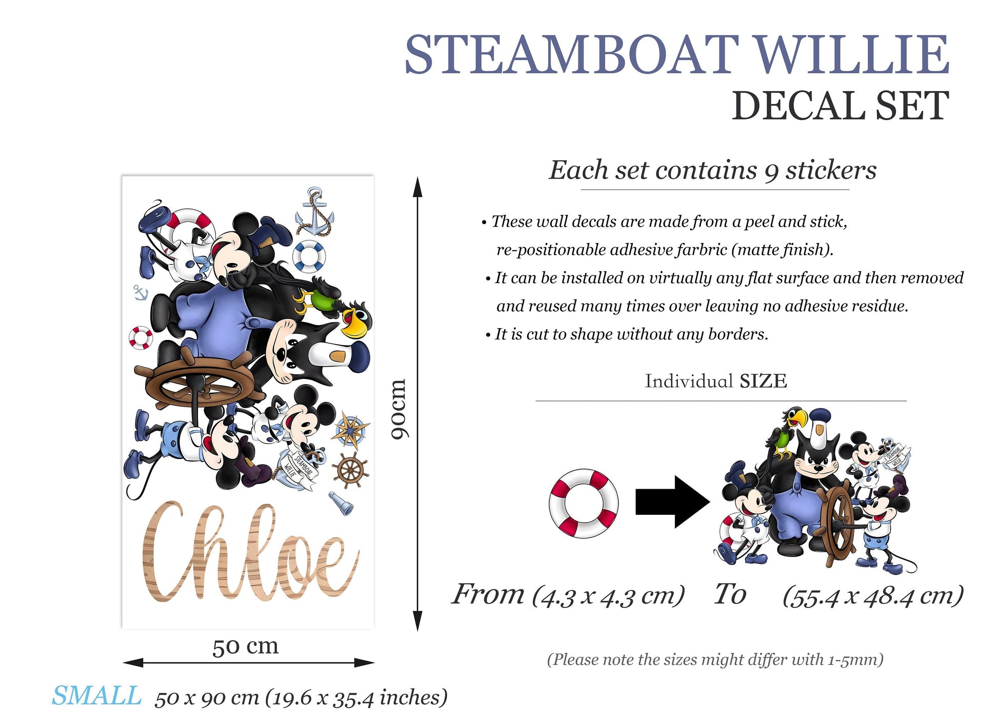 Steamboat Willie Friends Removable Wall Decal - Boys Room Gift