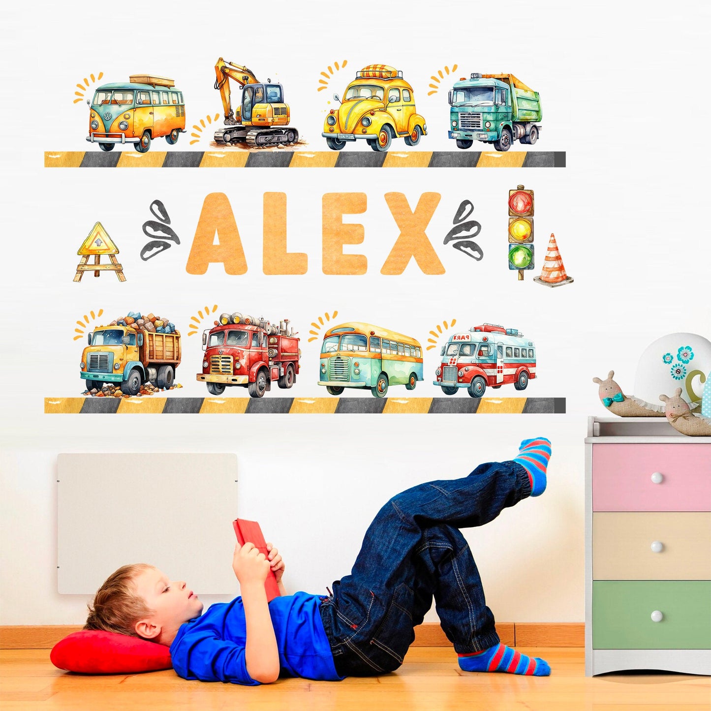 Personalized Watercolor Vehicle Decal Stickers for boys Removable Wall Decal - Boys Room Gift - BR474