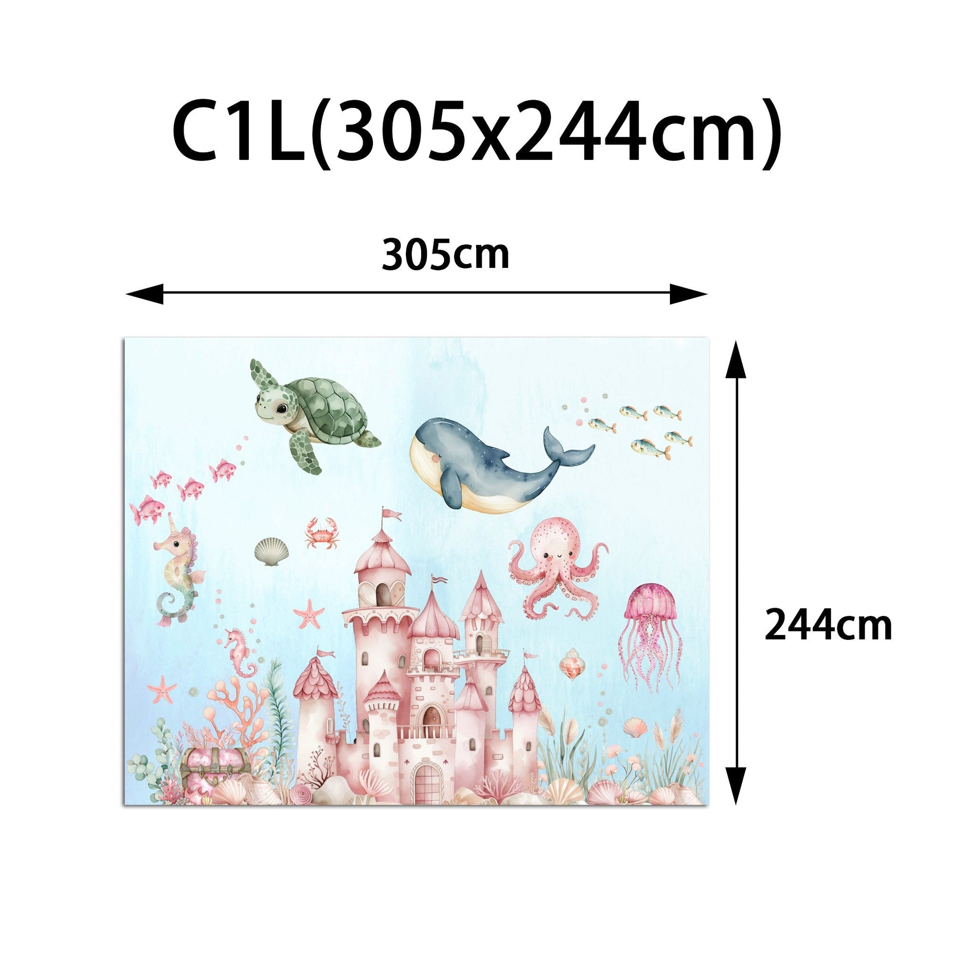 Undersea Castle Marine Life Nursery Wall Mural - Fabric Wallpaper with Whale Sea Turtle Squid Designs - WM035