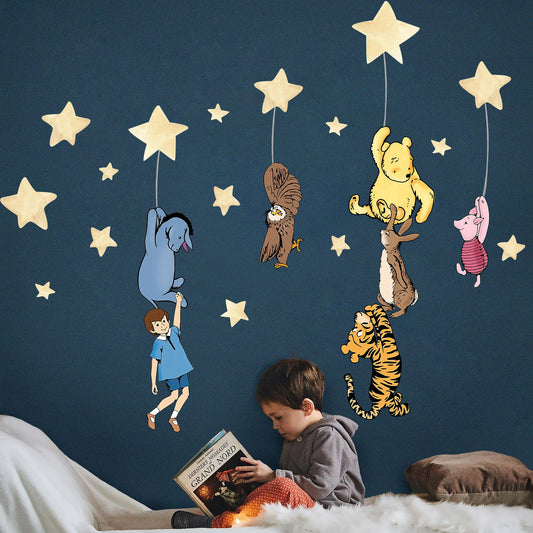 Removable Vintage Winnie the pooh Night Time Wall Decal - Watercolour Stars Nursery Decor
