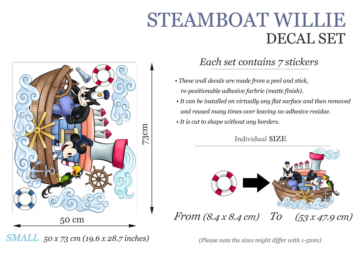 Vintage Steamboat Willie Mickey Mouse Decal Stickers Wall Decal for Kids Room