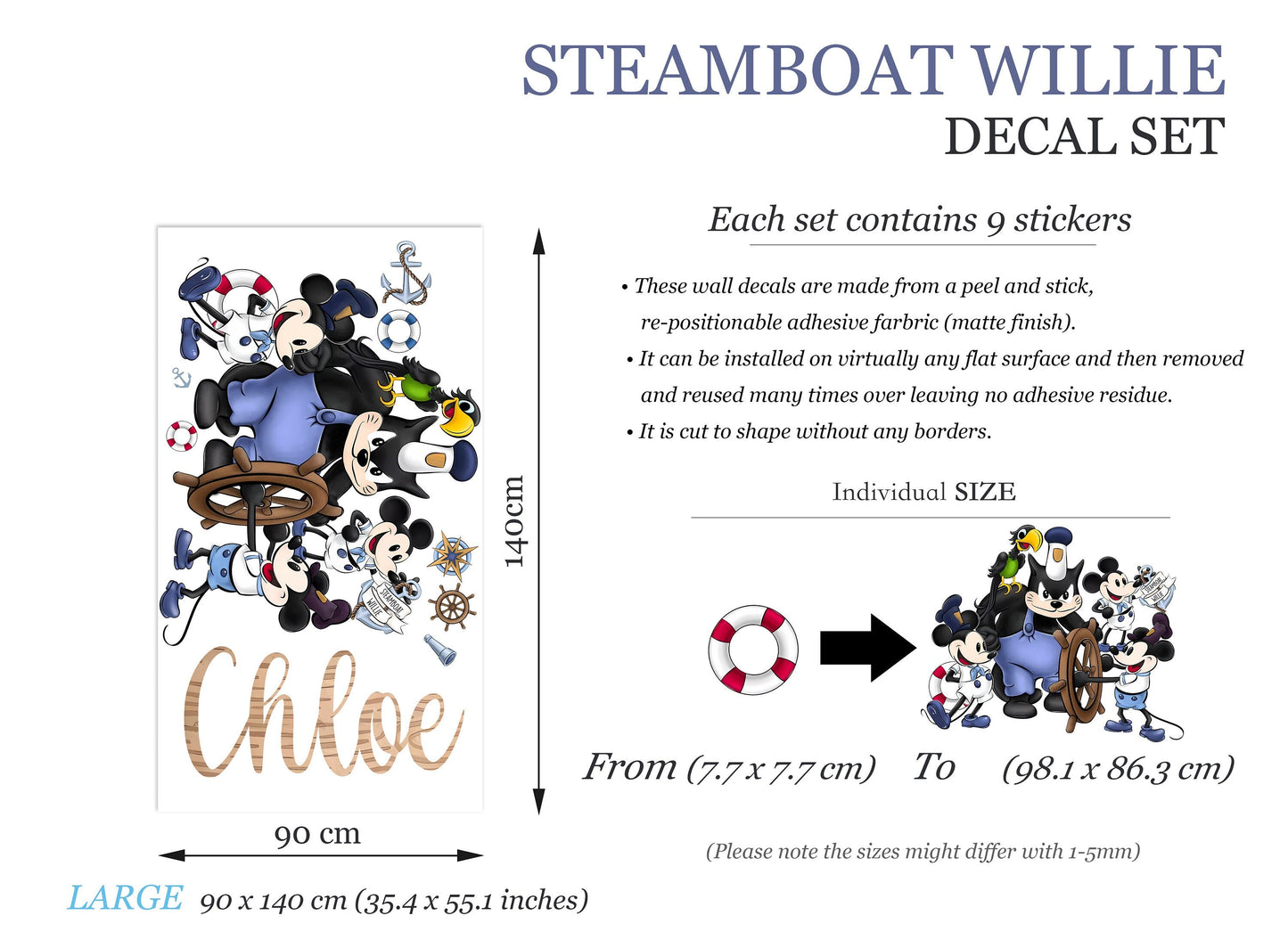 Steamboat Willie Friends Removable Wall Decal - Boys Room Gift