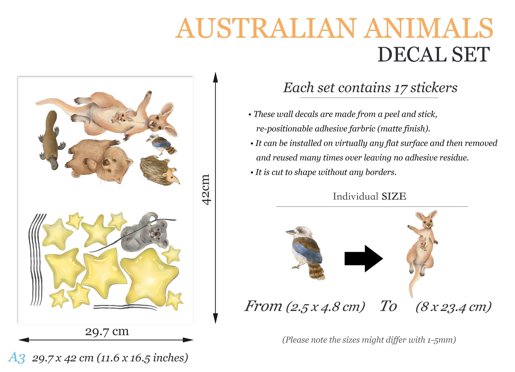 Australian Animals Night Time Removable Stars Nursery Decor Wall Decal - BR487