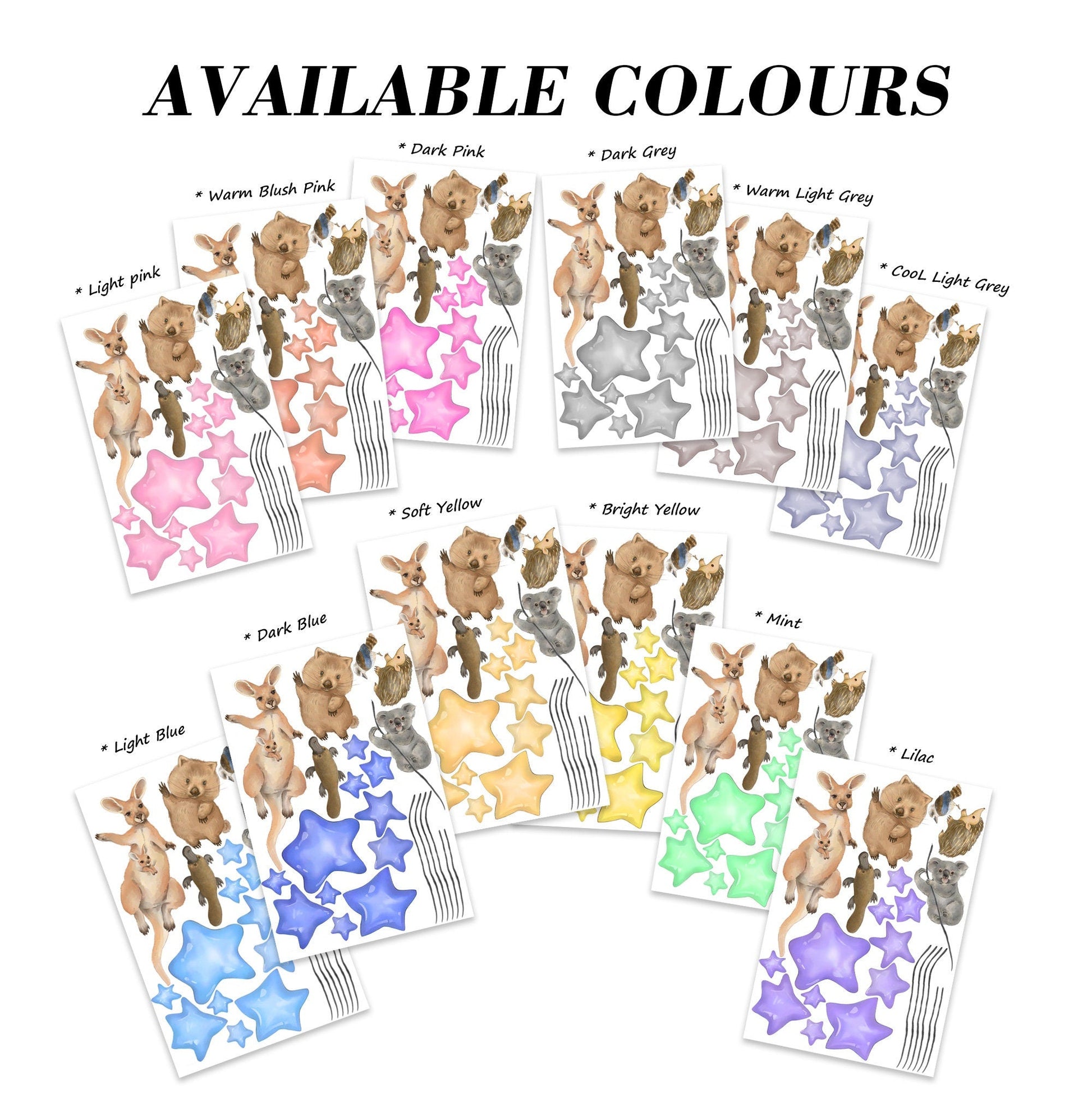 Australian Animals Night Time Removable Stars Nursery Decor Wall Decal - BR487