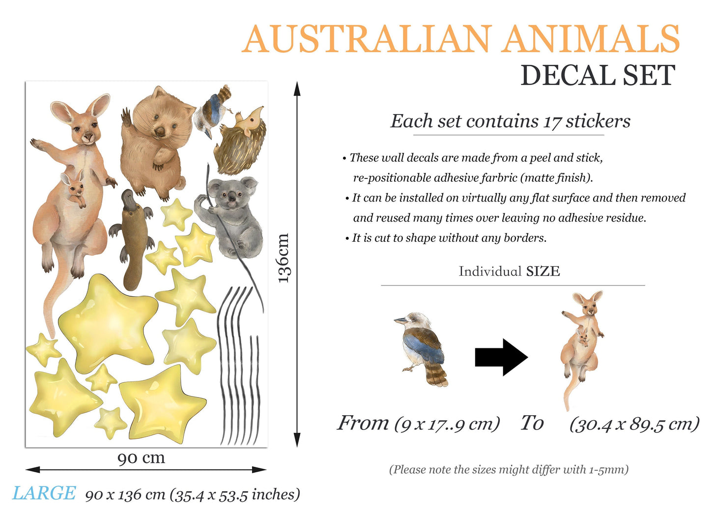 Australian Animals Night Time Removable Stars Nursery Decor Wall Decal - BR487