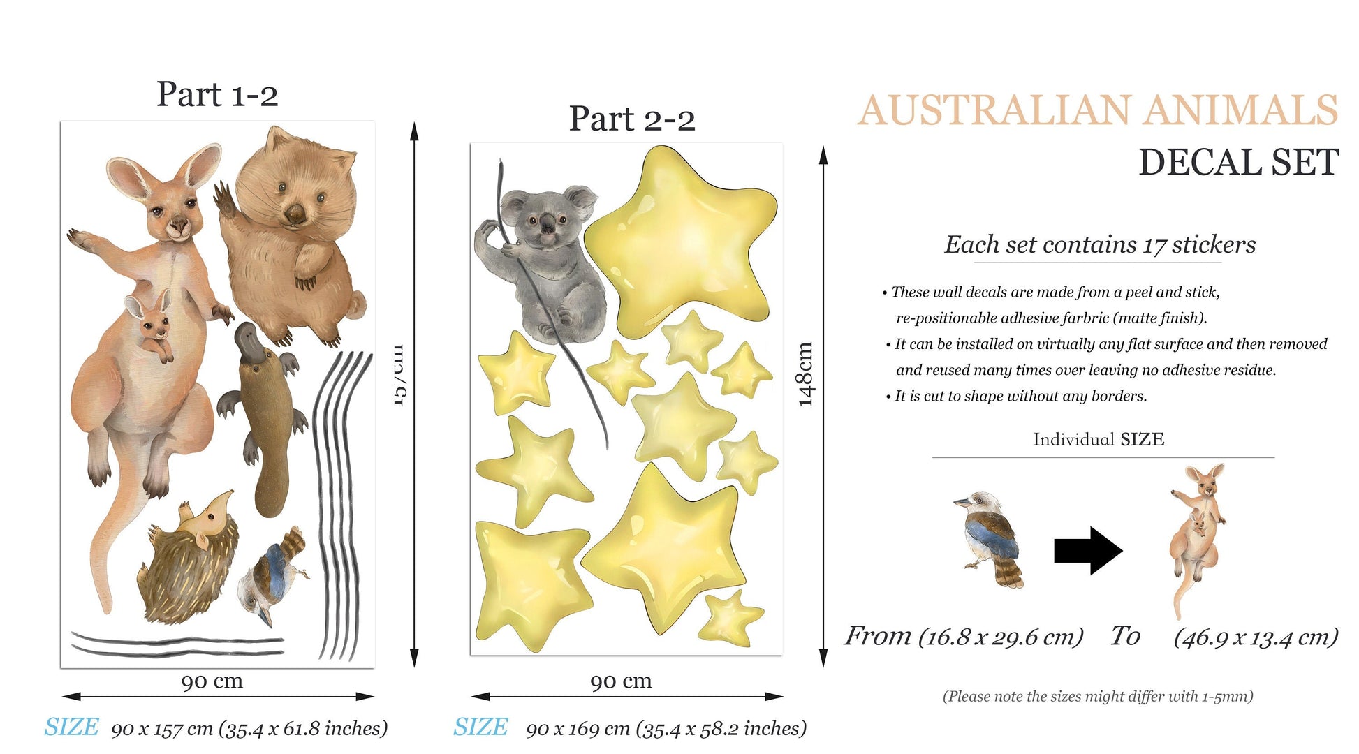 Australian Animals Night Time Removable Stars Nursery Decor Wall Decal - BR487