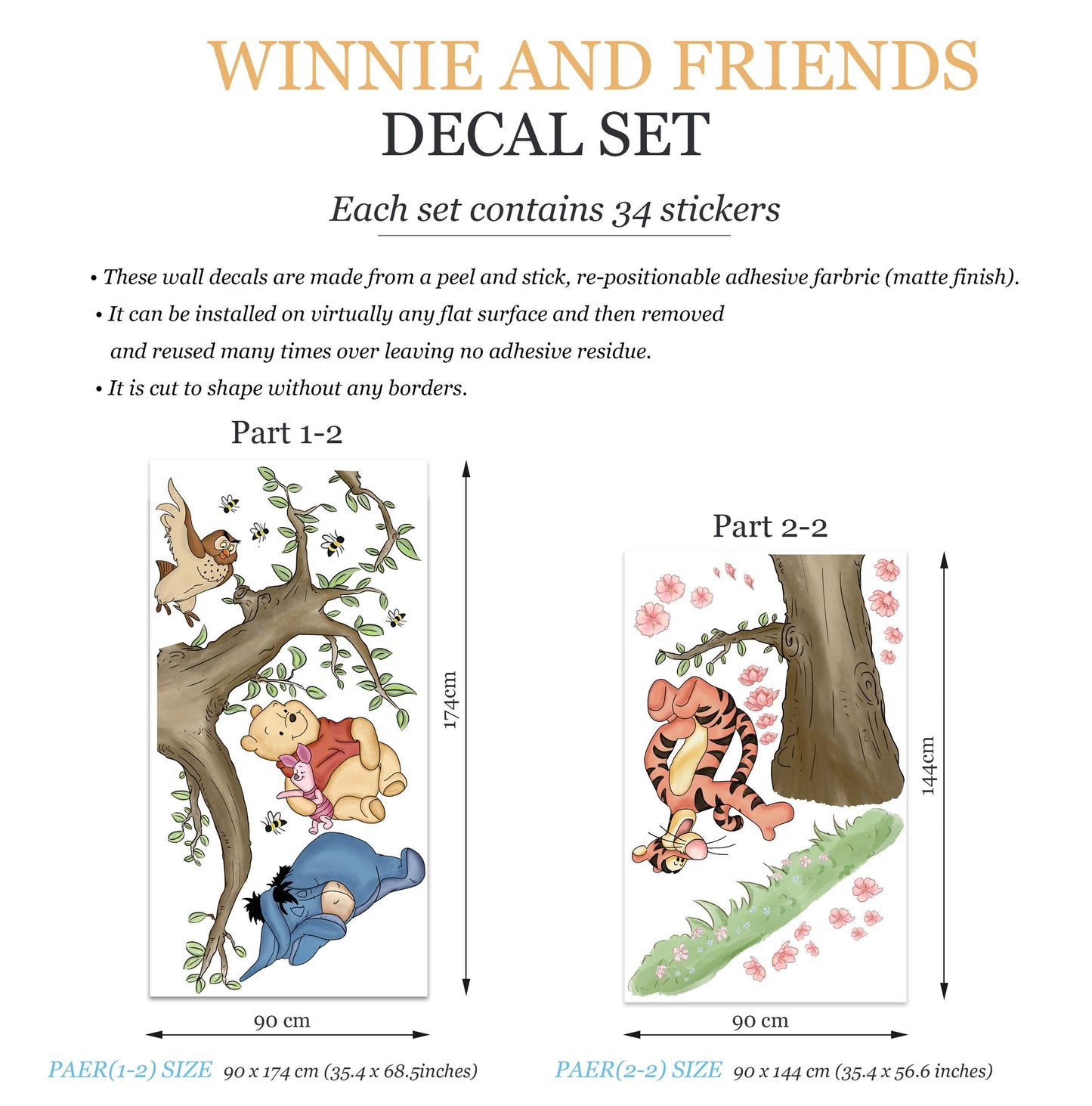 Watercolour Winnie The Pooh And Friends Playing On Tree Giant Wall Decal Sticker - Wall Decal for Nursery