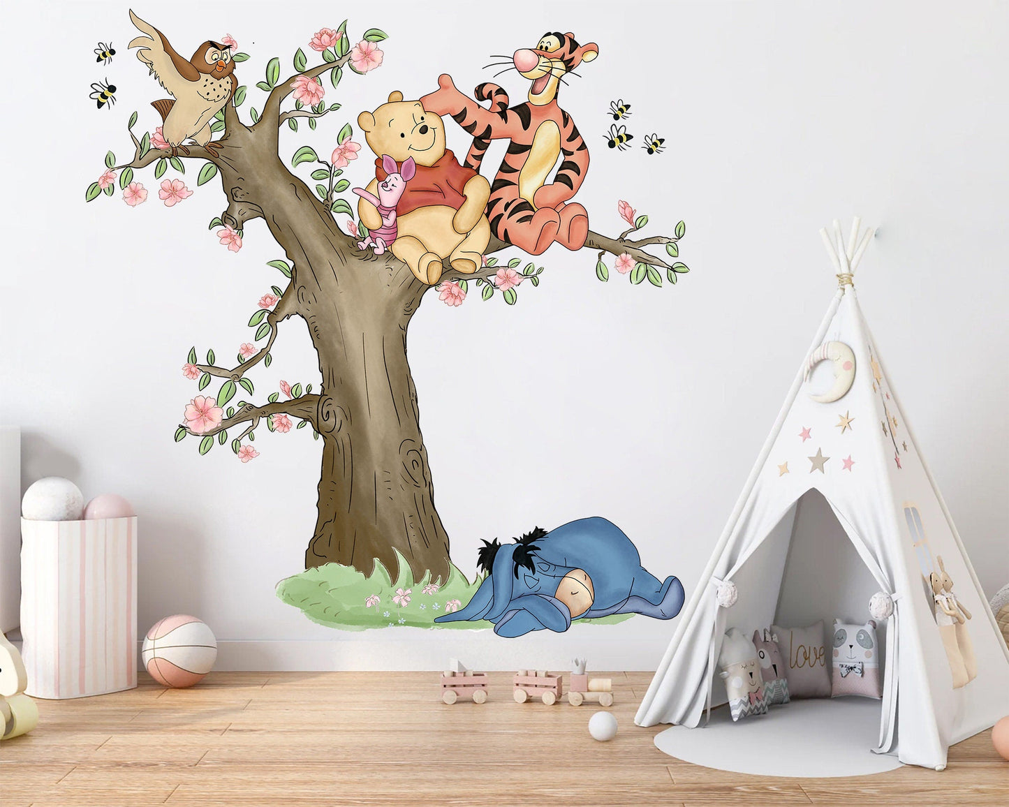 Watercolour Winnie The Pooh And Friends Playing On Tree Giant Wall Decal Sticker - Wall Decal for Nursery