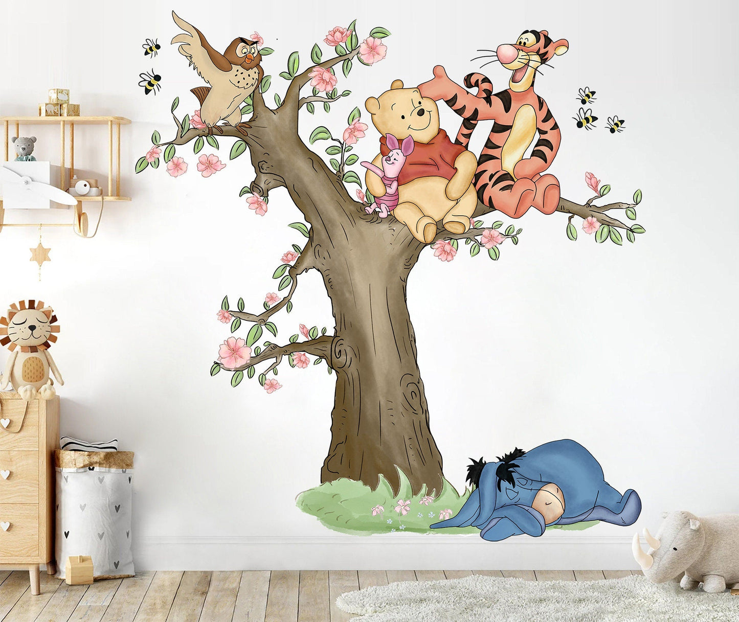 Watercolour Winnie The Pooh And Friends Playing On Tree Giant Wall Decal Sticker - Wall Decal for Nursery