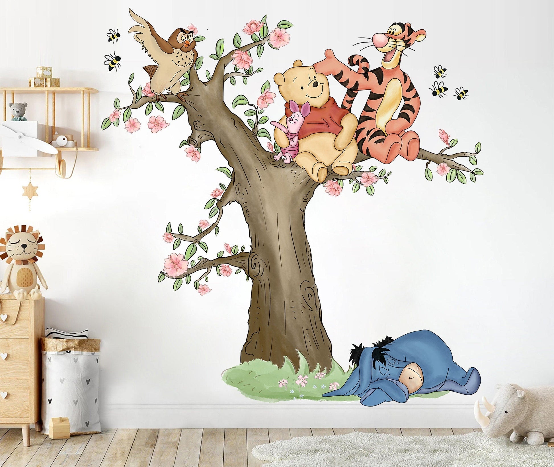 Watercolour Winnie The Pooh And Friends Playing On Tree Giant Wall Decal Sticker - Wall Decal for Nursery
