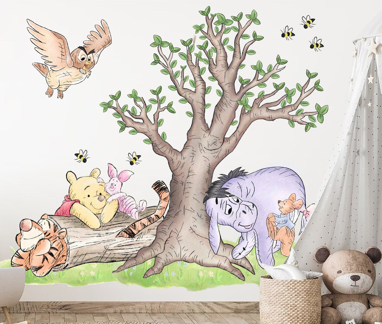 Watercolour Vintage Winnie and Friends Wall Decal Sticker - Wall Decal for Nursery