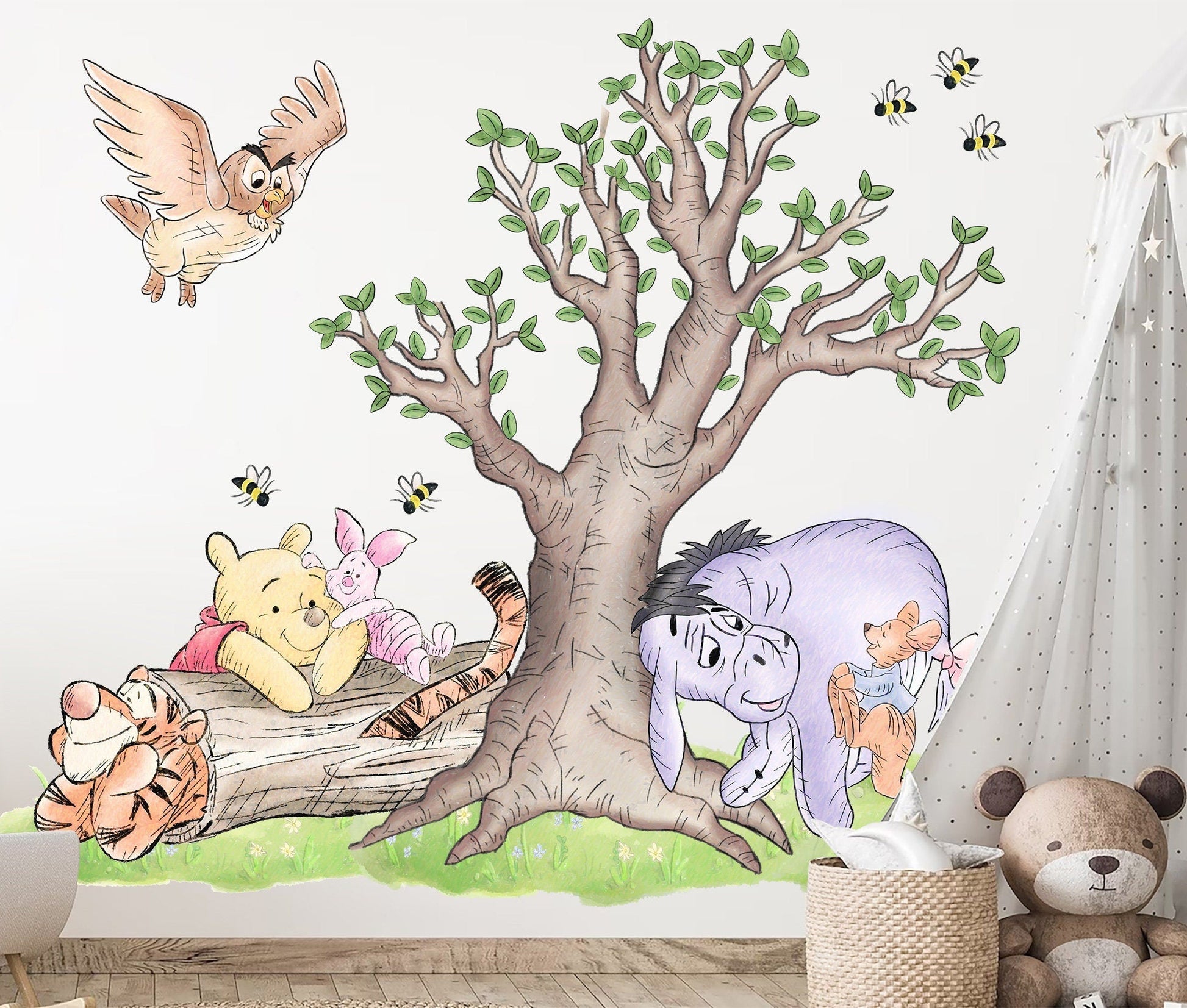 Watercolour Vintage Winnie and Friends Wall Decal Sticker - Wall Decal for Nursery