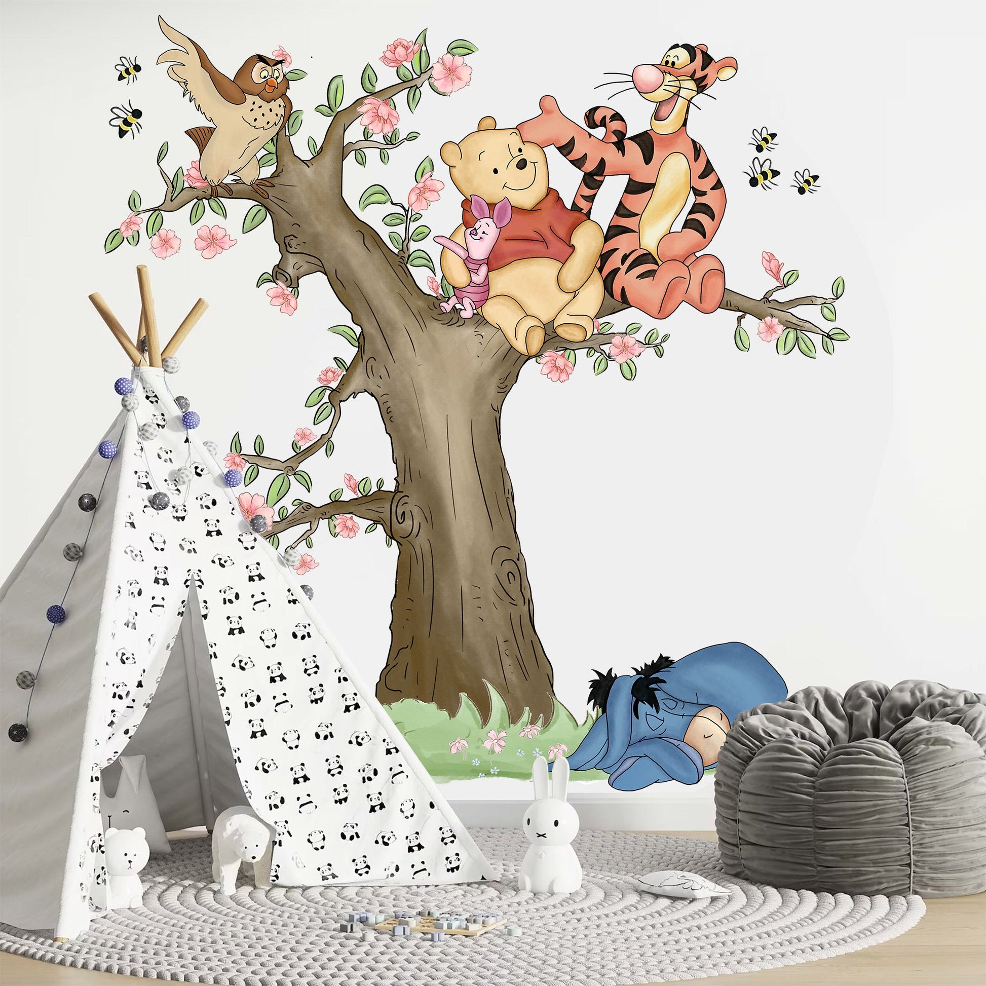Watercolour Winnie The Pooh And Friends Playing On Tree Giant Wall Decal Sticker - Wall Decal for Nursery