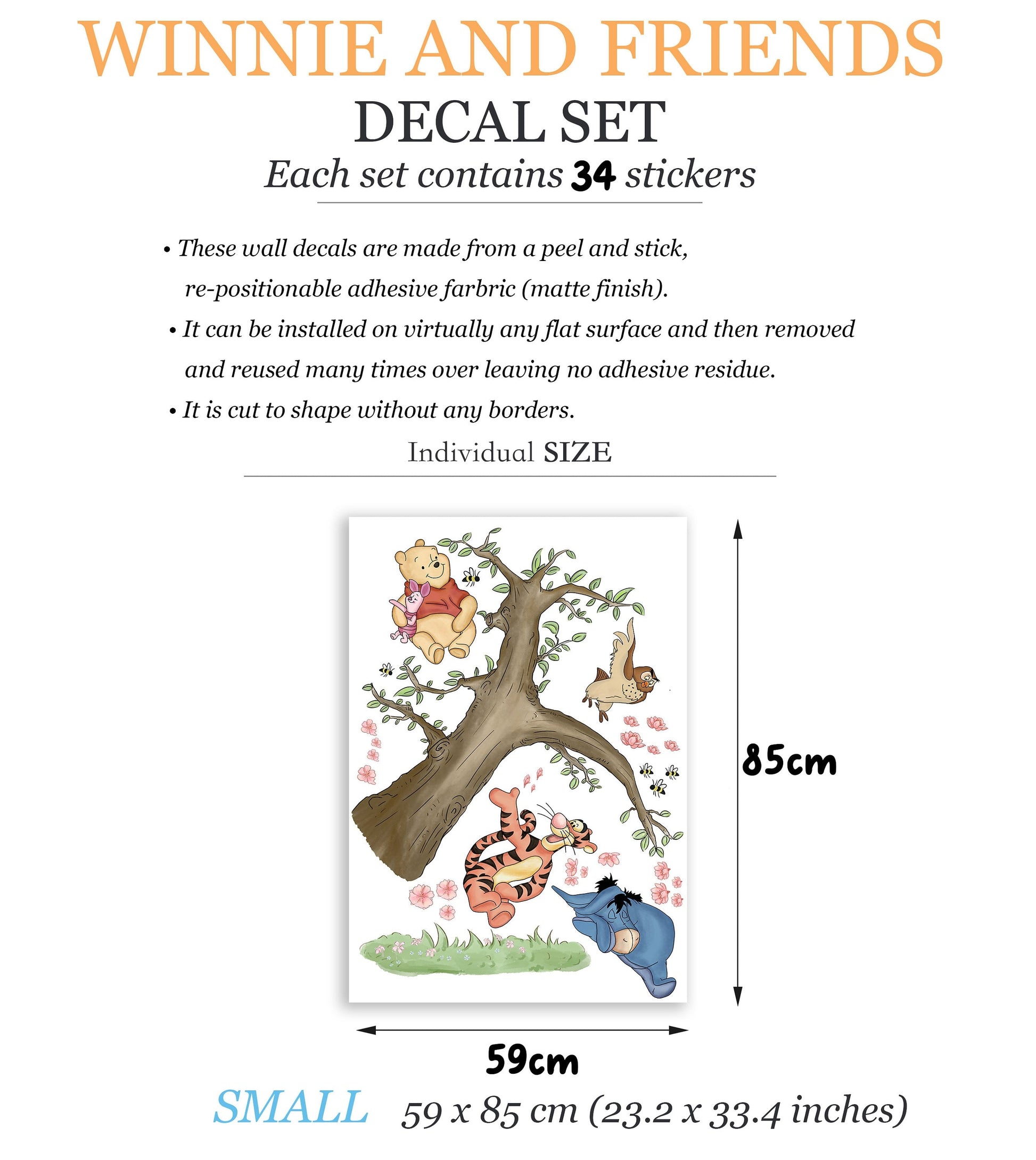 Watercolour Winnie The Pooh And Friends Playing On Tree Giant Wall Decal Sticker - Wall Decal for Nursery