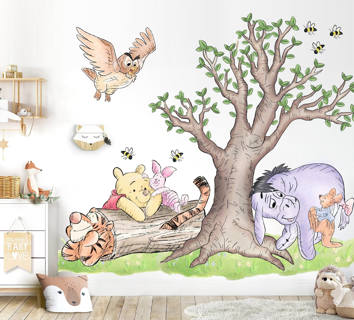 Watercolour Vintage Winnie and Friends Wall Decal Sticker - Wall Decal for Nursery