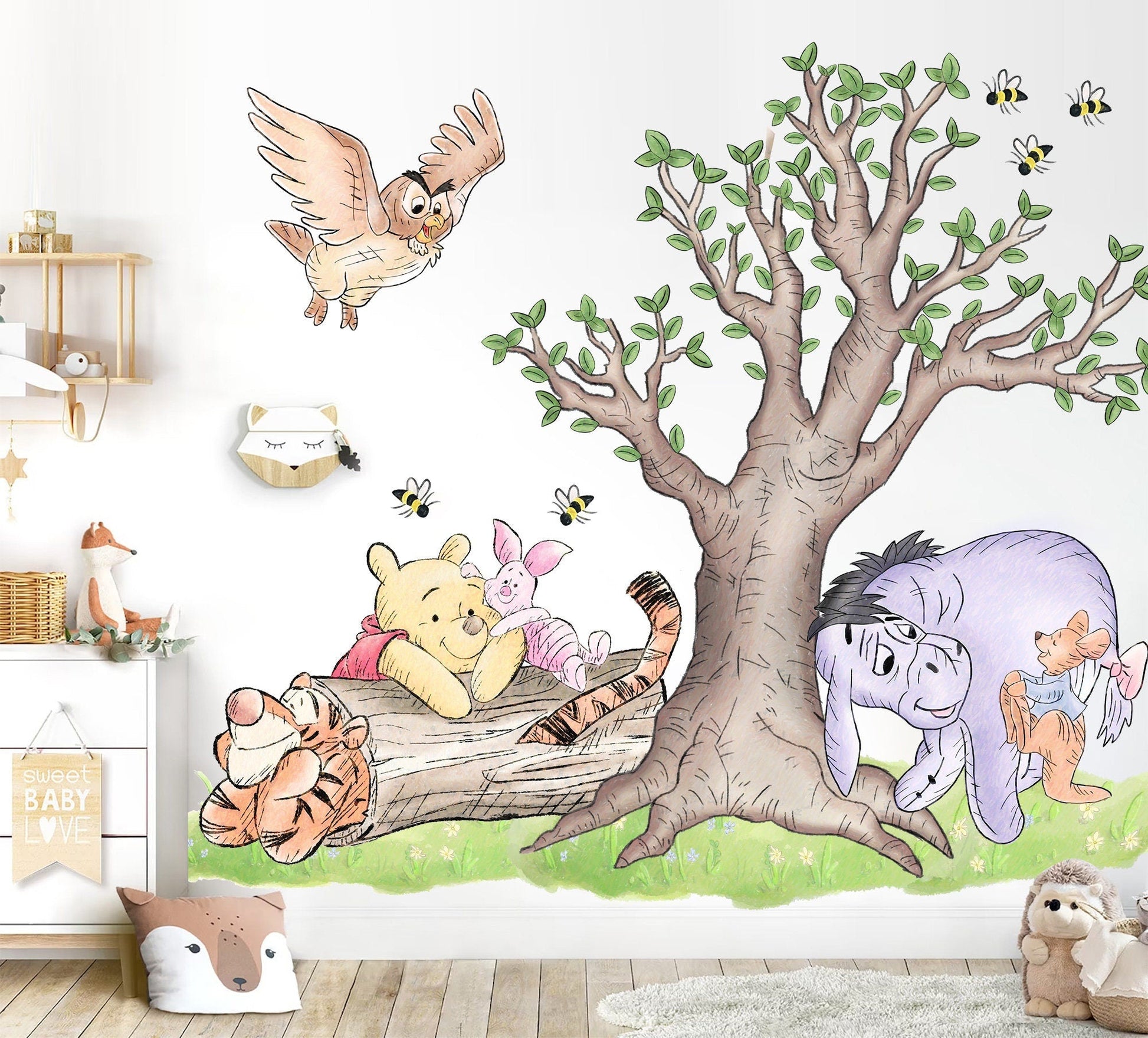 Watercolour Vintage Winnie and Friends Wall Decal Sticker - Wall Decal for Nursery