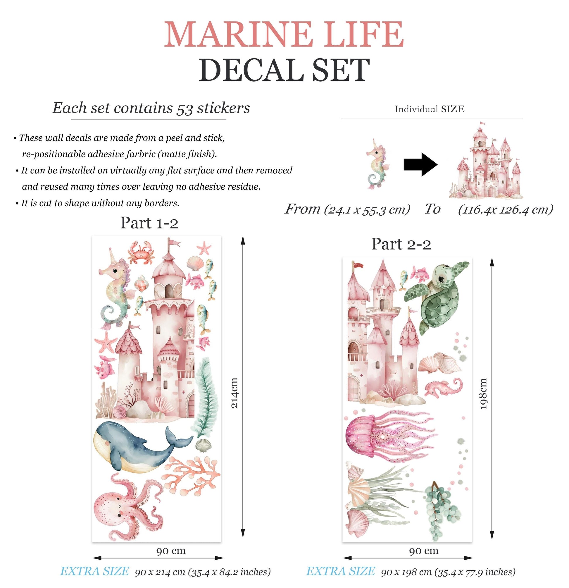 Undersea Castle Marine Life Whale Sea Turtle Squid Sea Horse Octopus Wall Decal - BR463