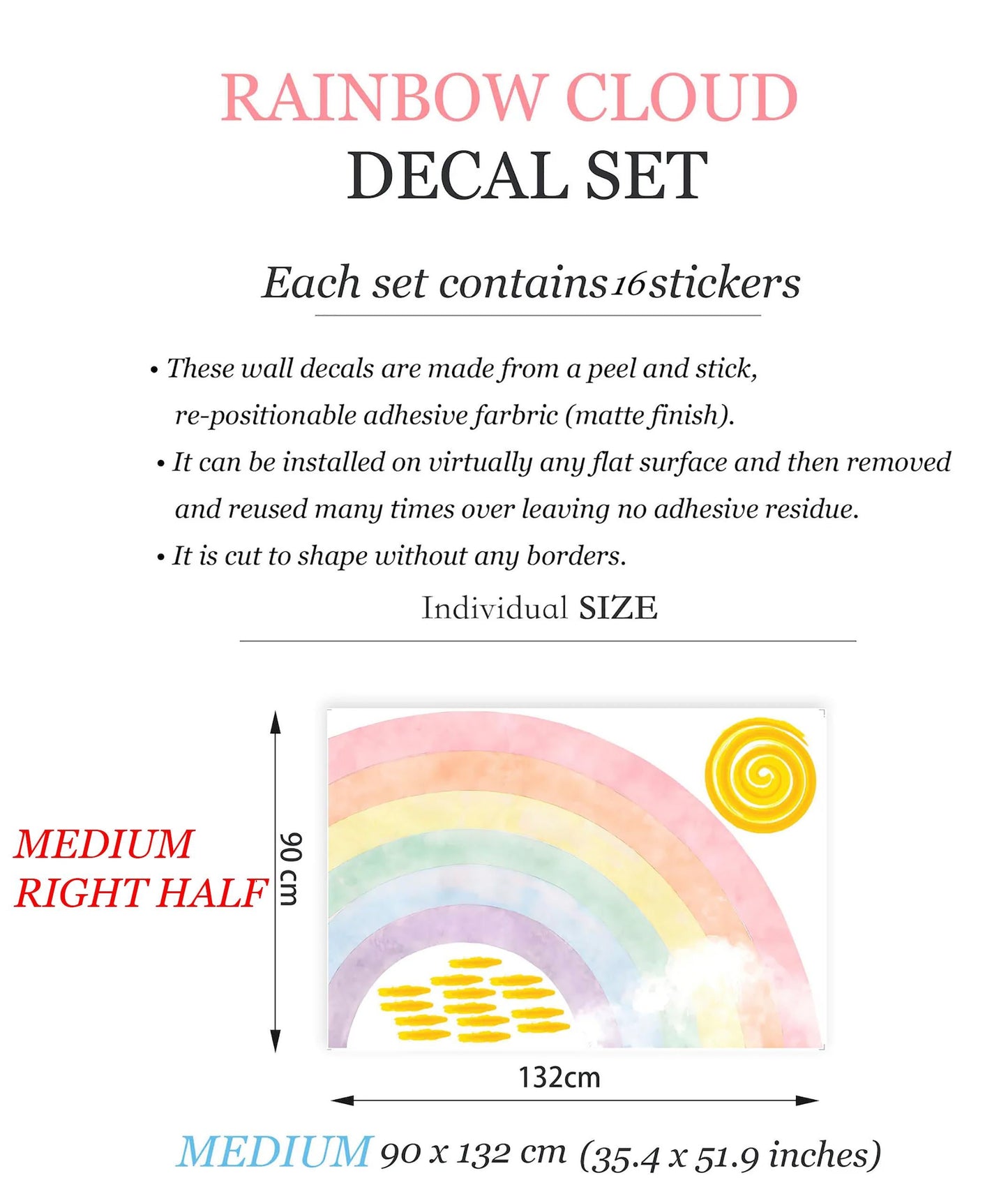 Radiant Rainbow Sun Wall Decal, Watercolor Style Girls Room Decor - BR192