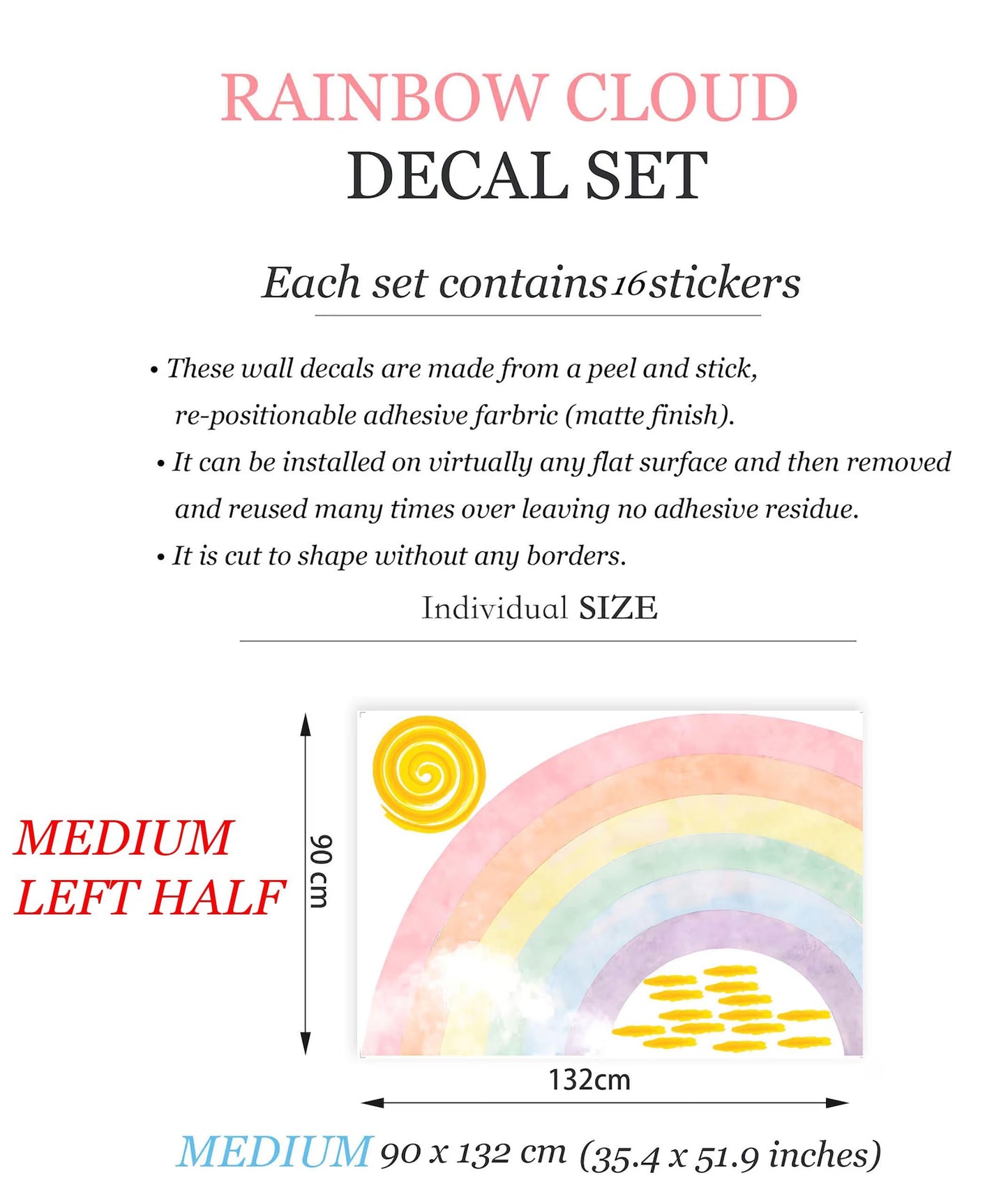 Radiant Rainbow Sun Wall Decal, Watercolor Style Girls Room Decor - BR192