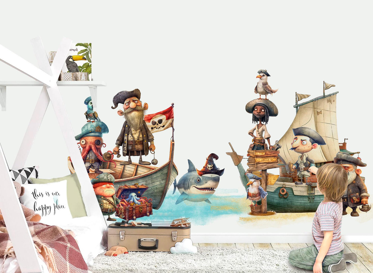 Pirate Ship Adventure Wall Decal - Octopus Captain, Shark Pirates & Treasure - BR495