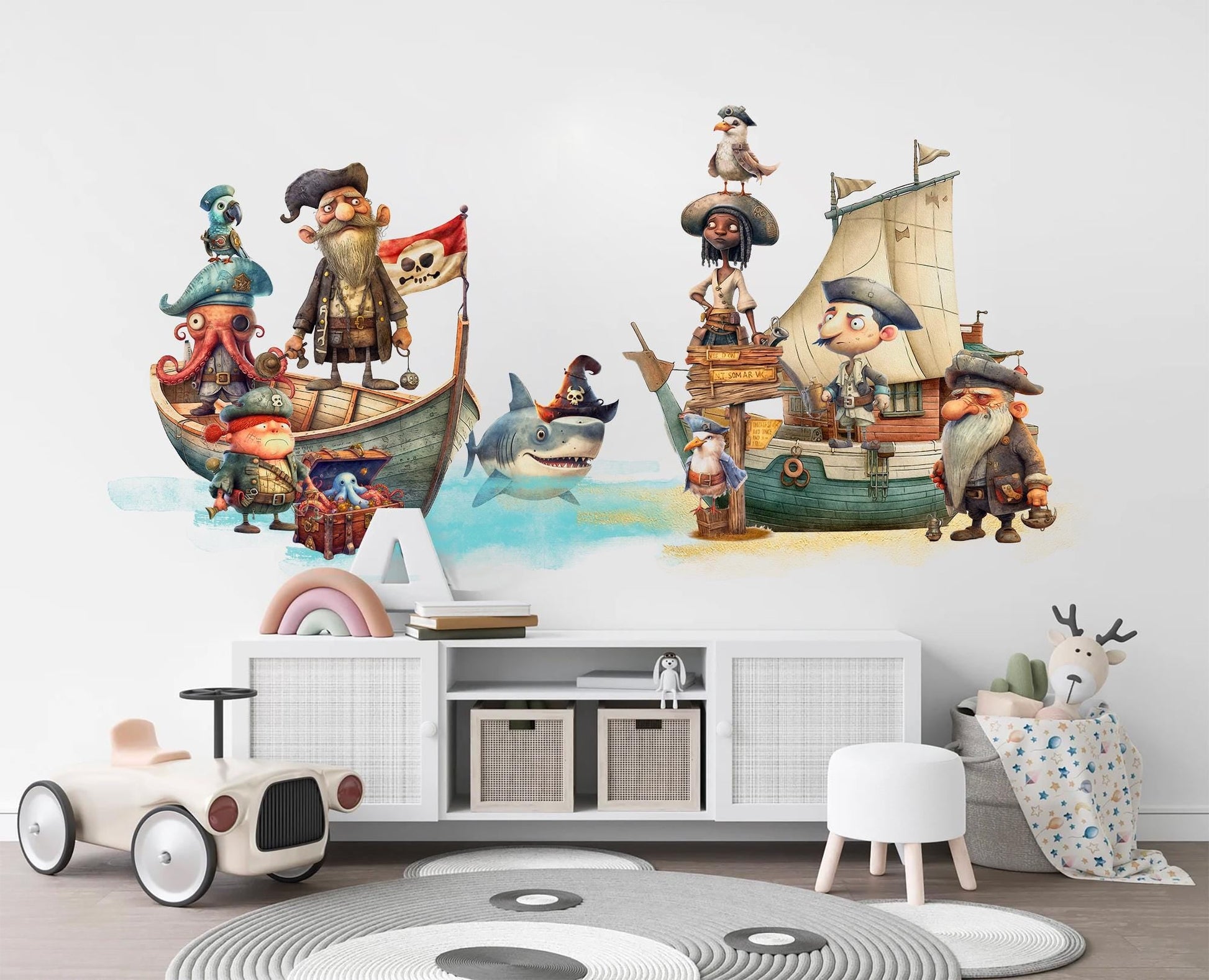 Pirate Ship Adventure Wall Decal - Octopus Captain, Shark Pirates & Treasure - BR495