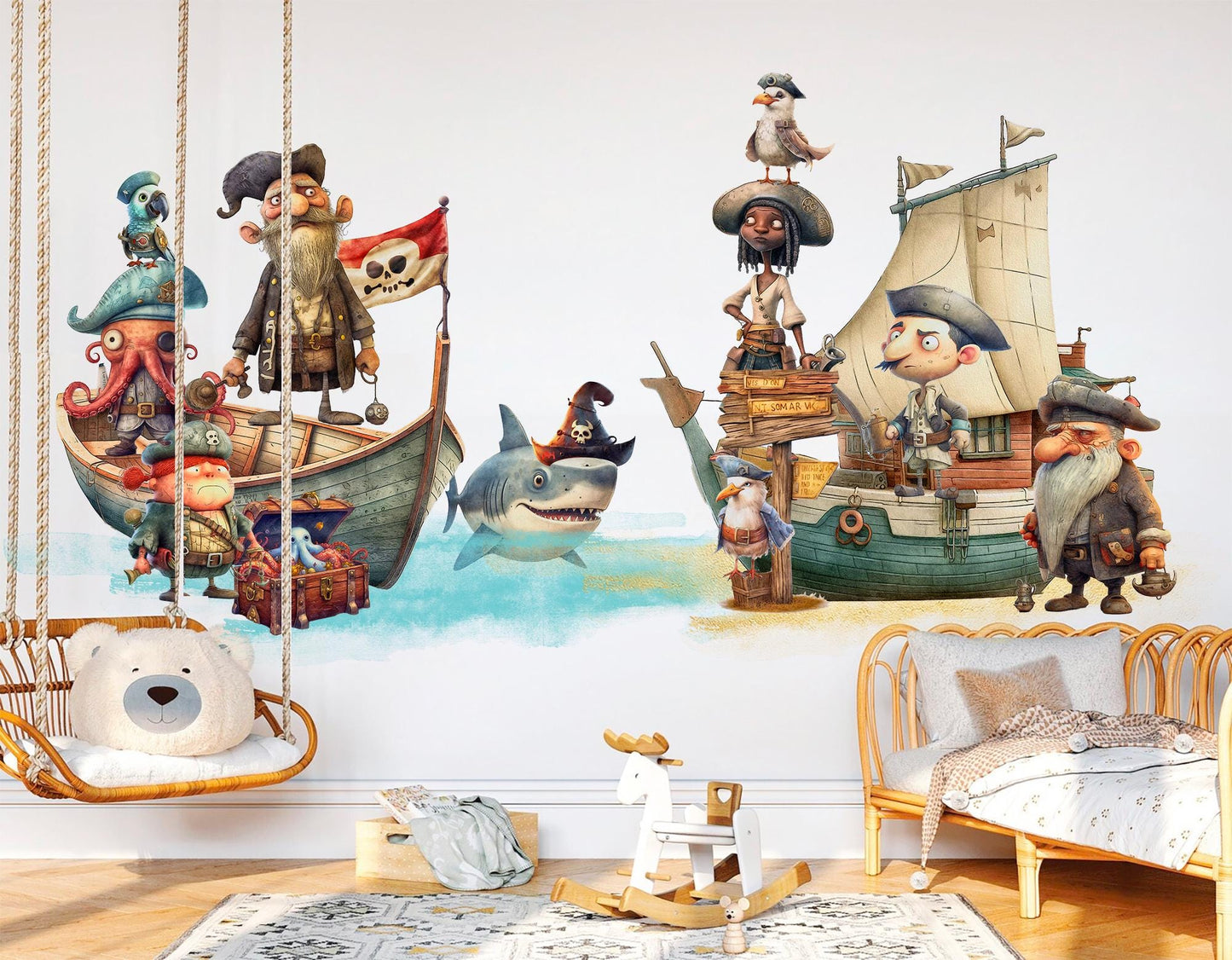 Pirate Ship Adventure Wall Decal - Octopus Captain, Shark Pirates & Treasure - BR495