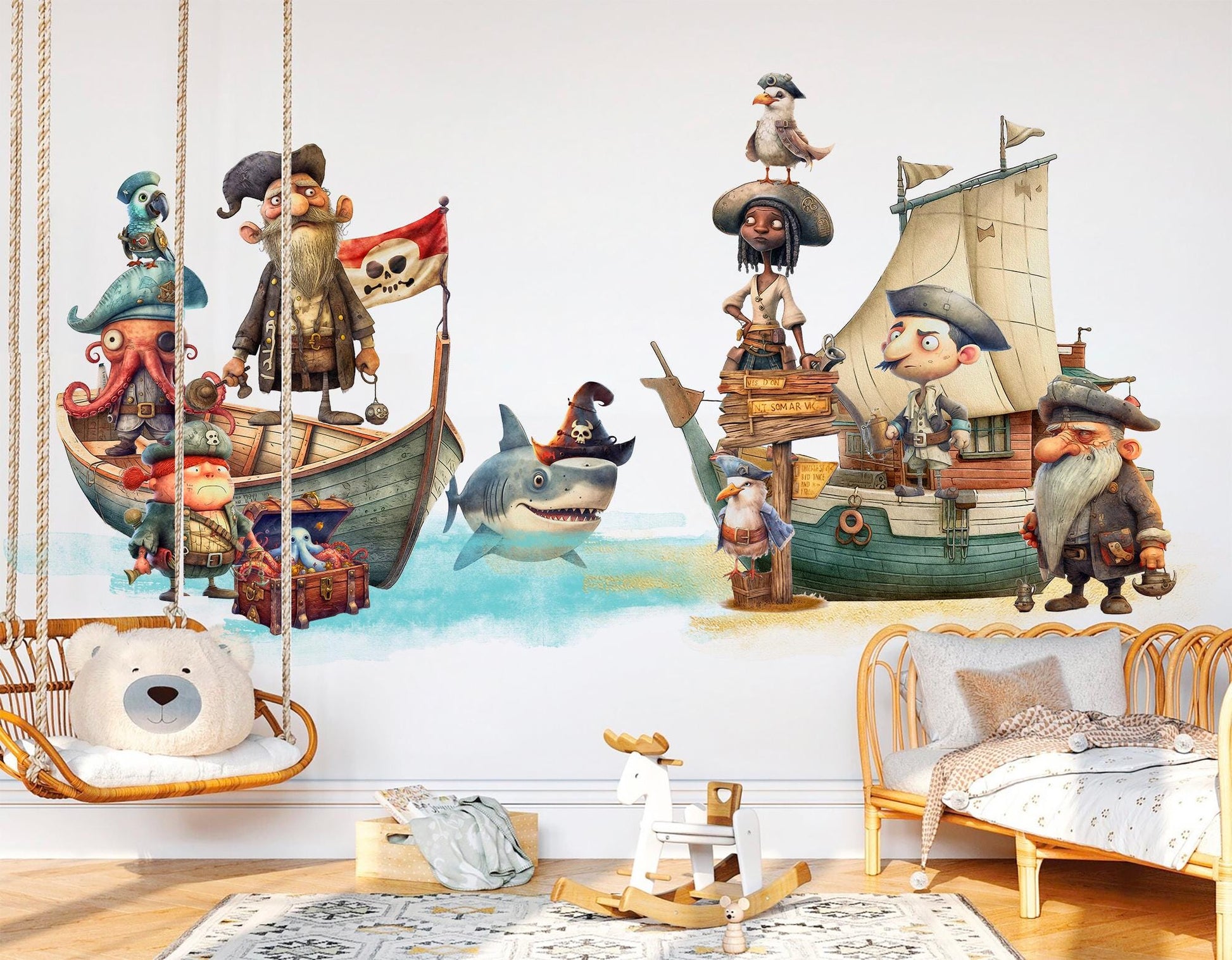 Pirate Ship Adventure Wall Decal - Octopus Captain, Shark Pirates & Treasure - BR495