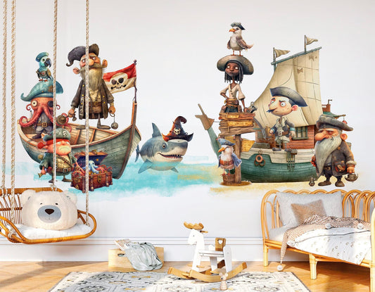 Pirate Ship Adventure Wall Decal - Octopus Captain, Shark Pirates & Treasure - BR495