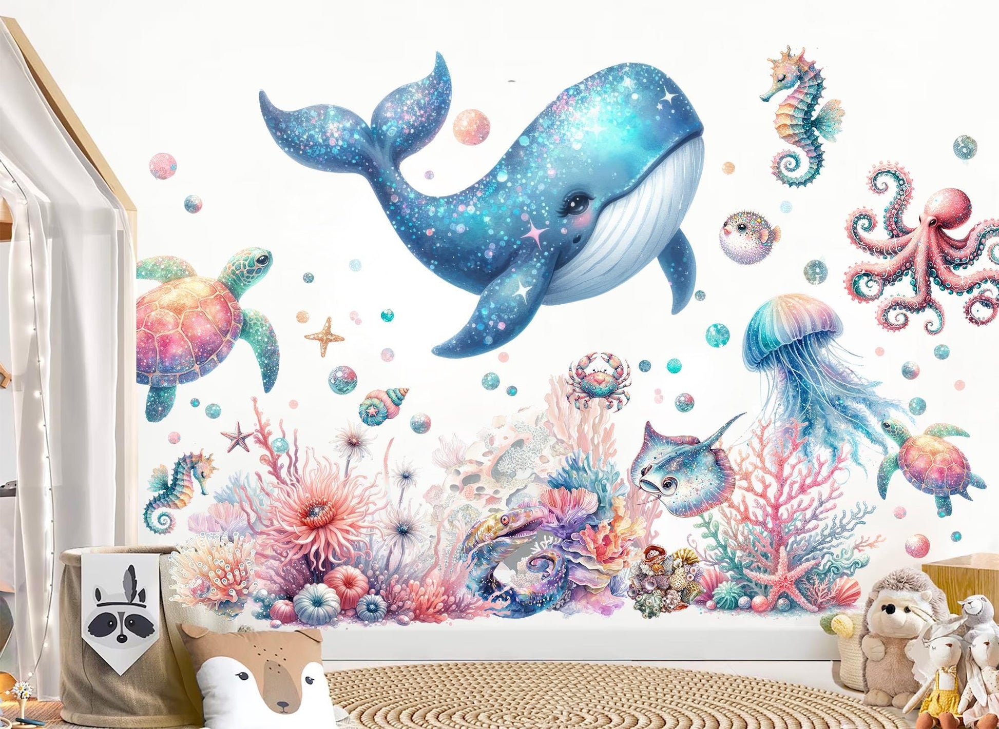 Blue Ocean Creatures Wall Decal - Whales, Seahorses, Turtles & Octopuses - Removable Peel and Stick Sticker - BR496