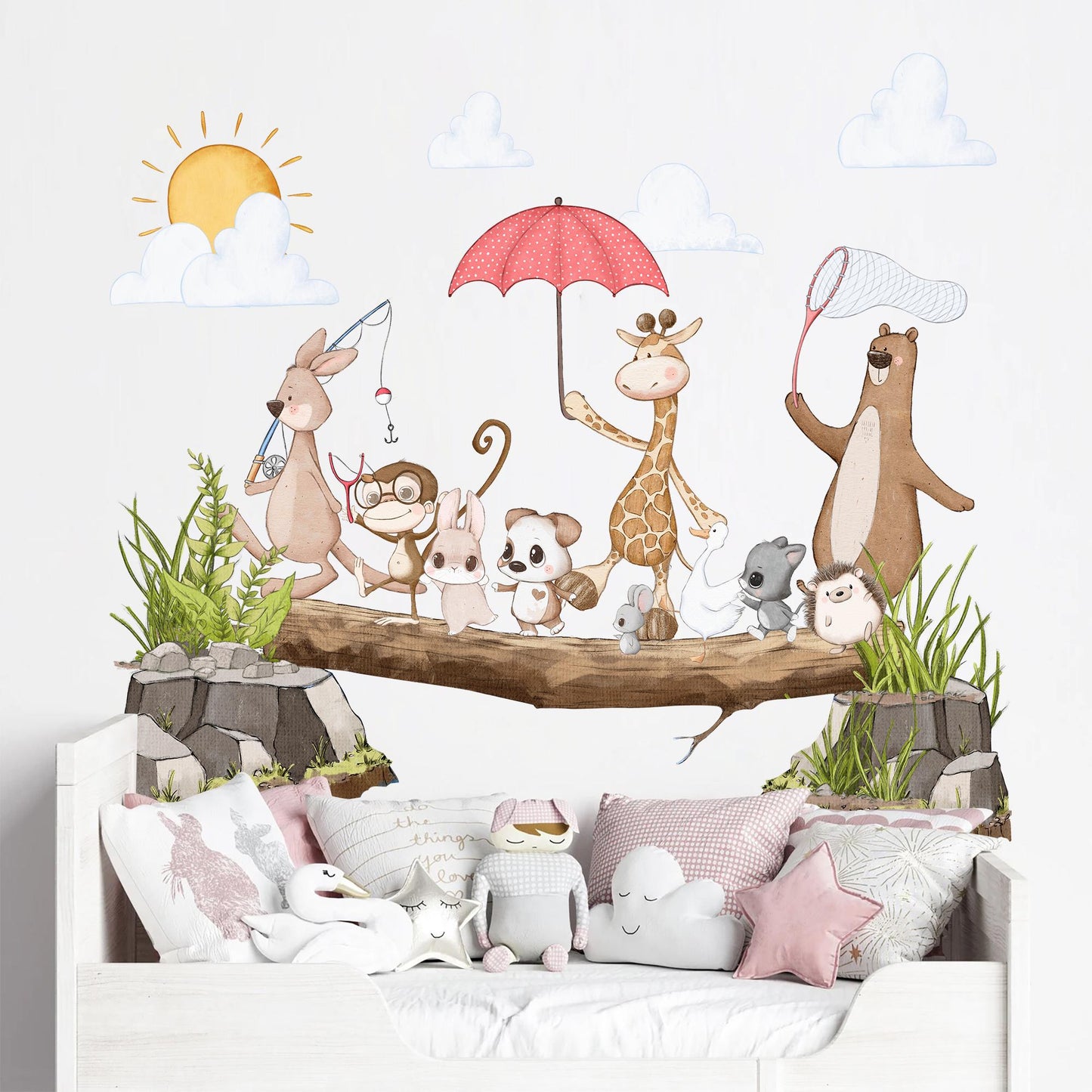 Spring Adventure Animals Wall Decal - Koala, Giraffe, Bear, and Playful Puppies - Wall Art for Kids' Rooms - BR498