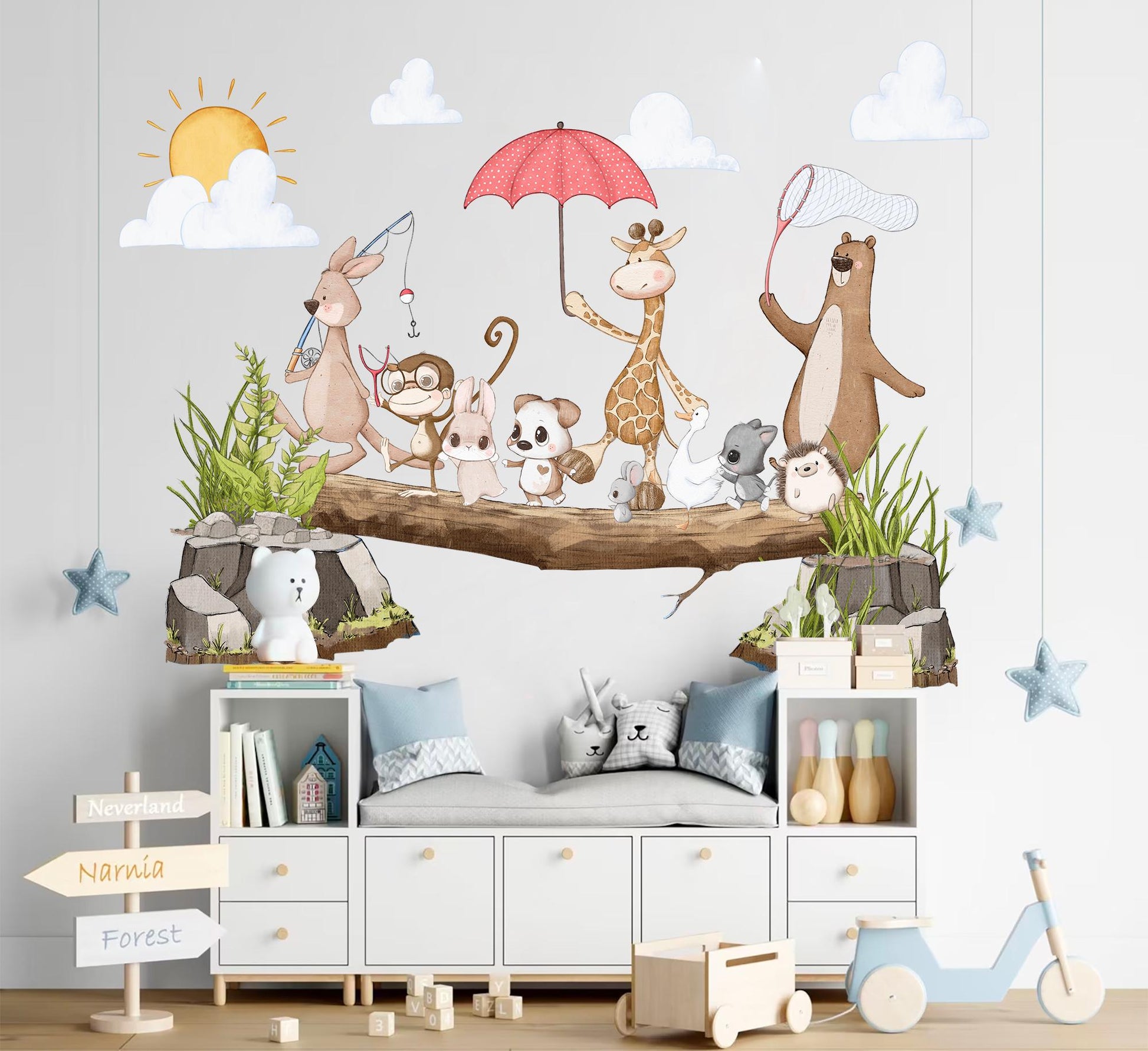 Spring Adventure Animals Wall Decal - Koala, Giraffe, Bear, and Playful Puppies - Wall Art for Kids' Rooms - BR498