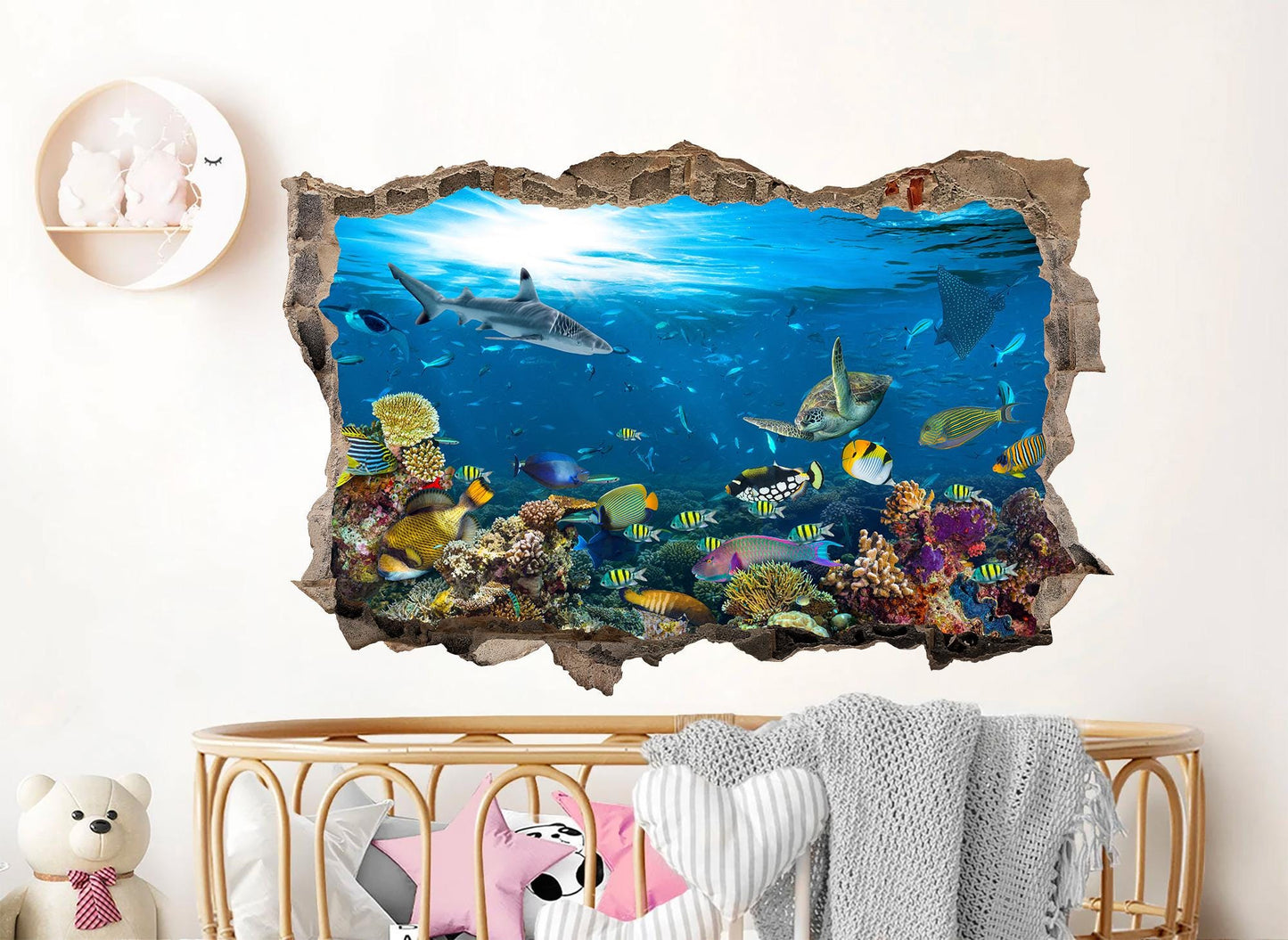 Underwater Sealife 3D Wall Decal - Colorful Ocean World Behind Broken Wall - BW021