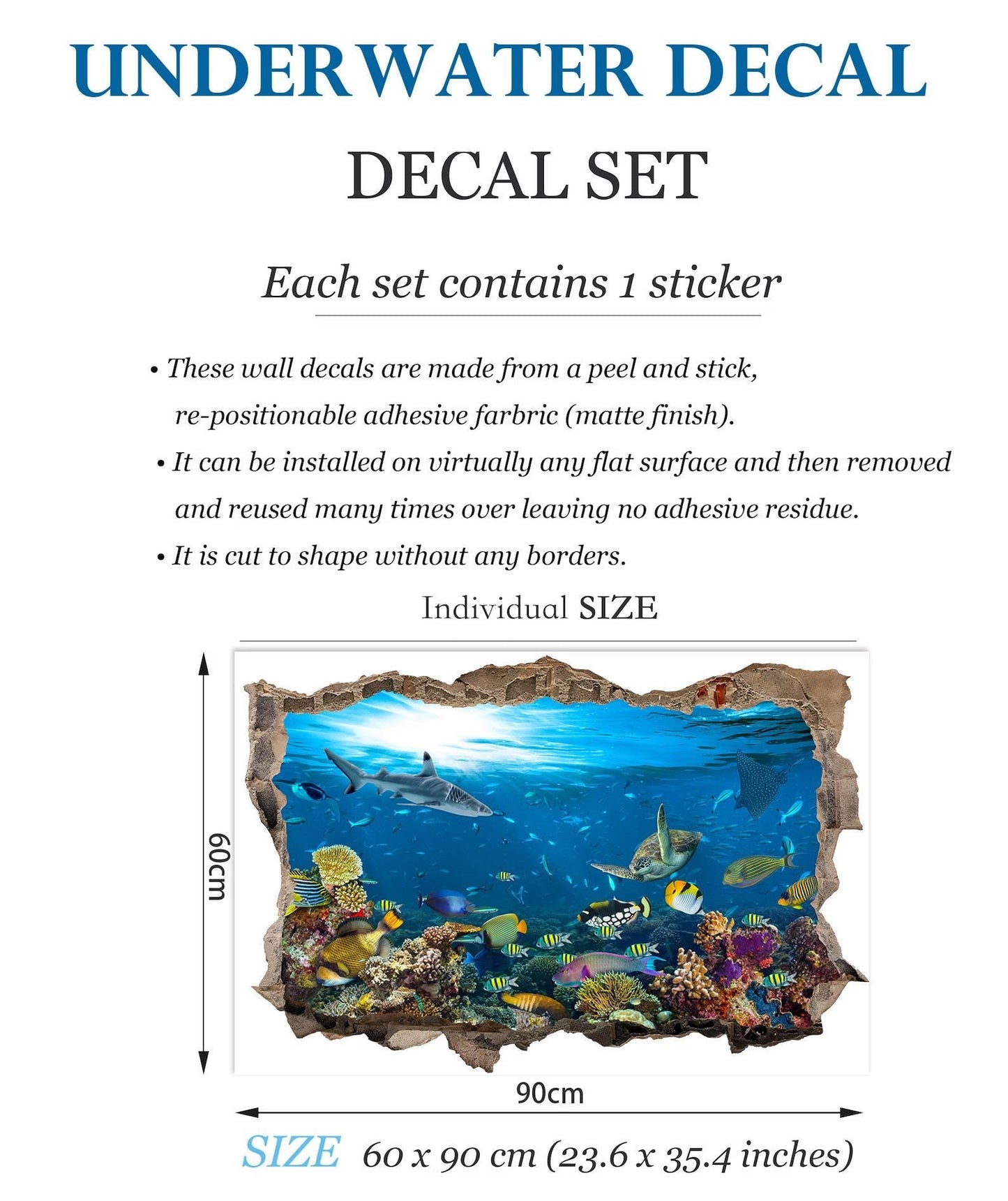 Underwater Sealife 3D Wall Decal - Colorful Ocean World Behind Broken Wall - BW021