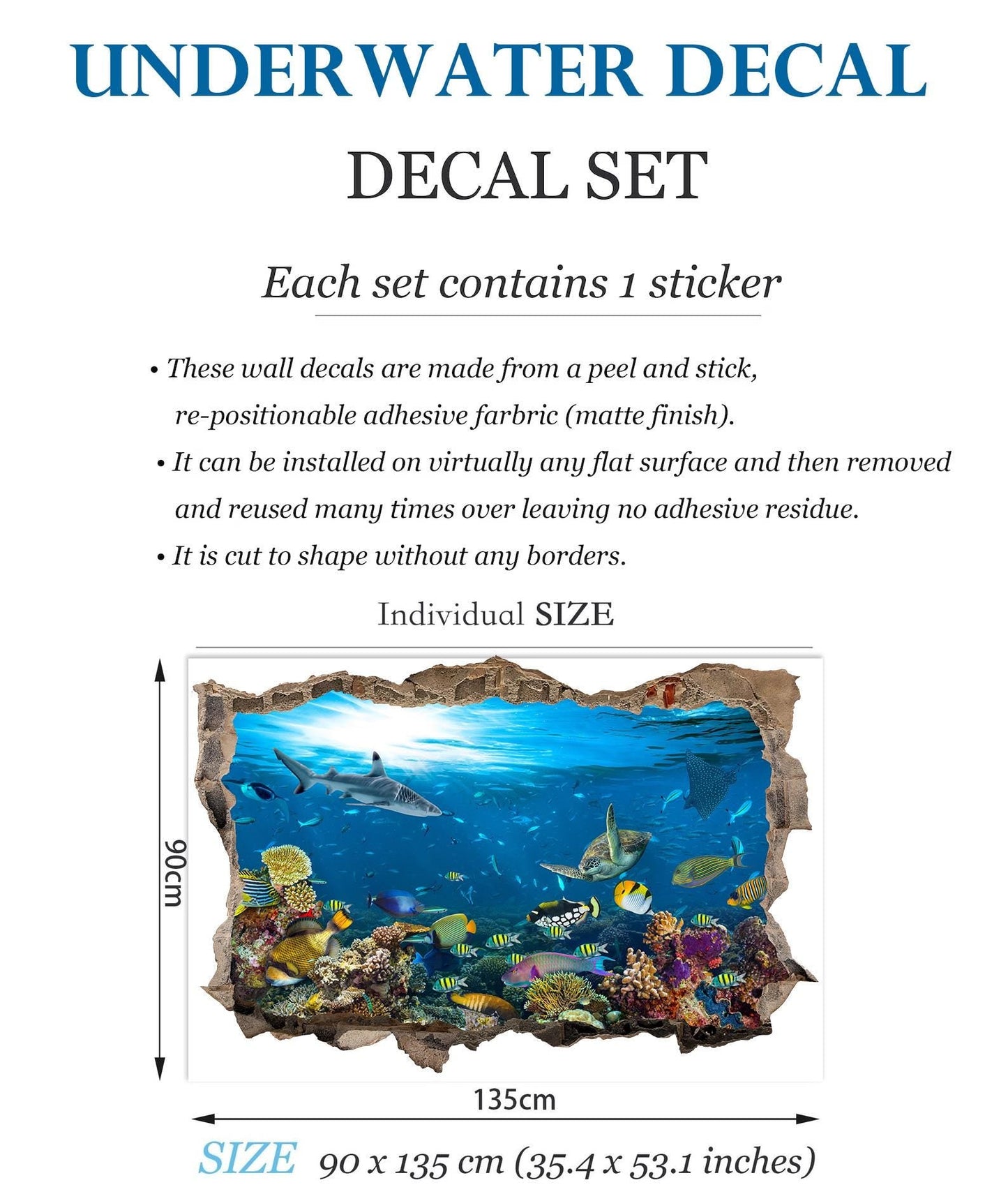 Underwater Sealife 3D Wall Decal - Colorful Ocean World Behind Broken Wall - BW021