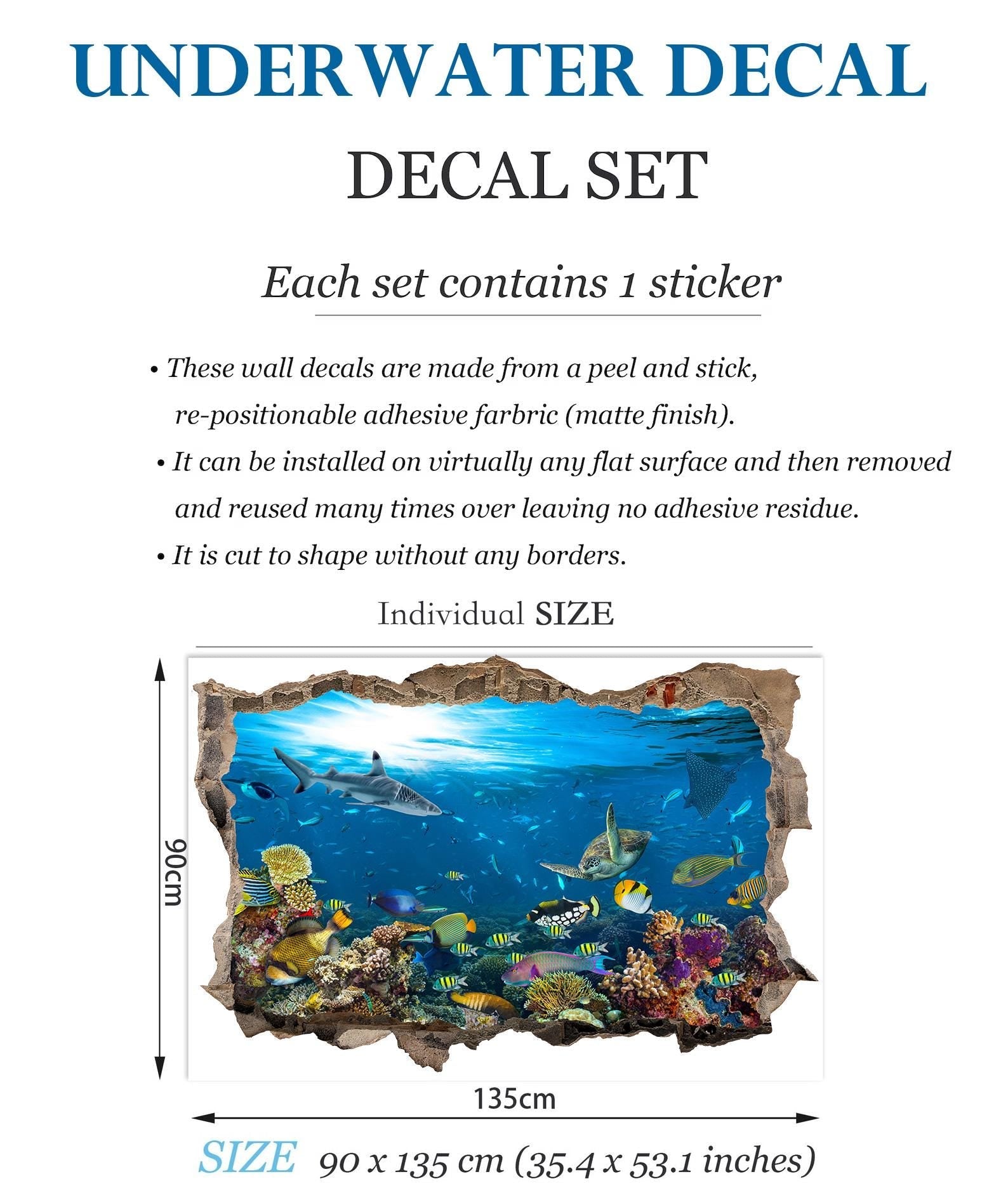 Underwater Sealife 3D Wall Decal - Colorful Ocean World Behind Broken Wall - BW021